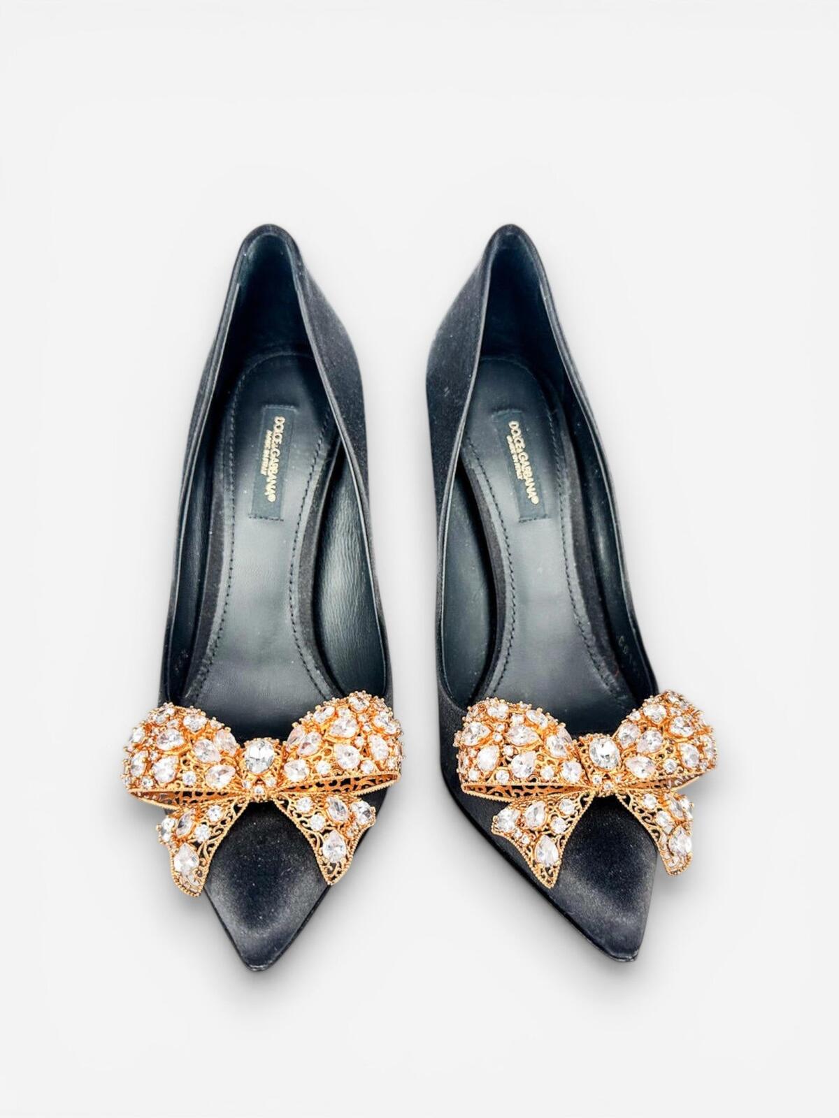 Dolce & Gabbana Crystal Bow Satin Pumps Black EU 36.5 US 6.5 | NIB