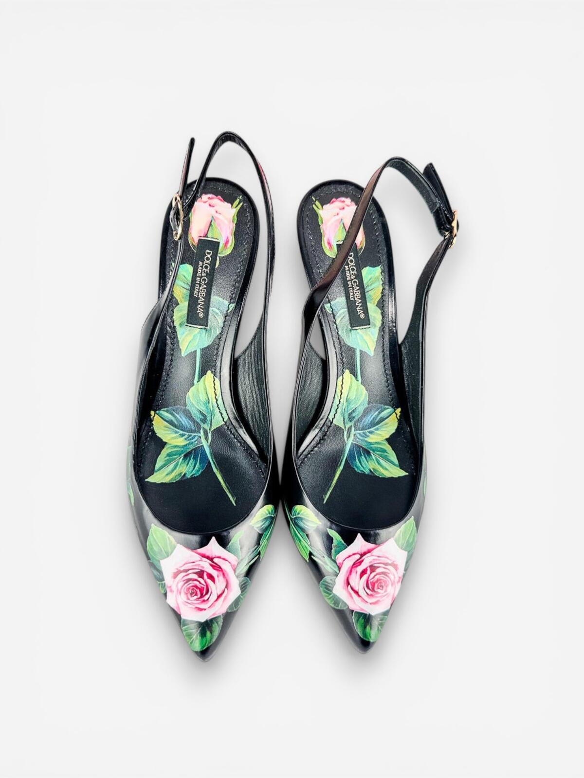 Dolce & Gabbana Lori Rose Floral Leather Slingback Pump EU 35 US 5 | New Rare