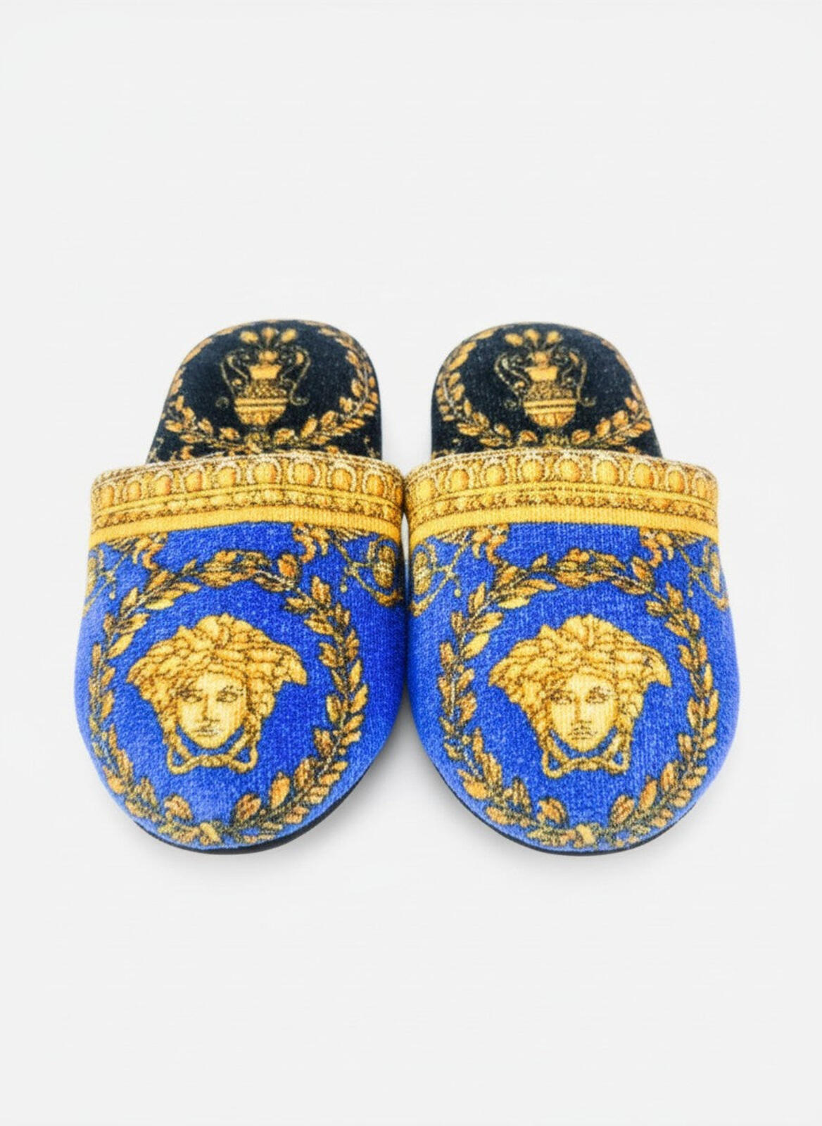 Versace Home Medusa Baroque Cotton Slippers Blue Gold EU 37 US 7 S | NWT