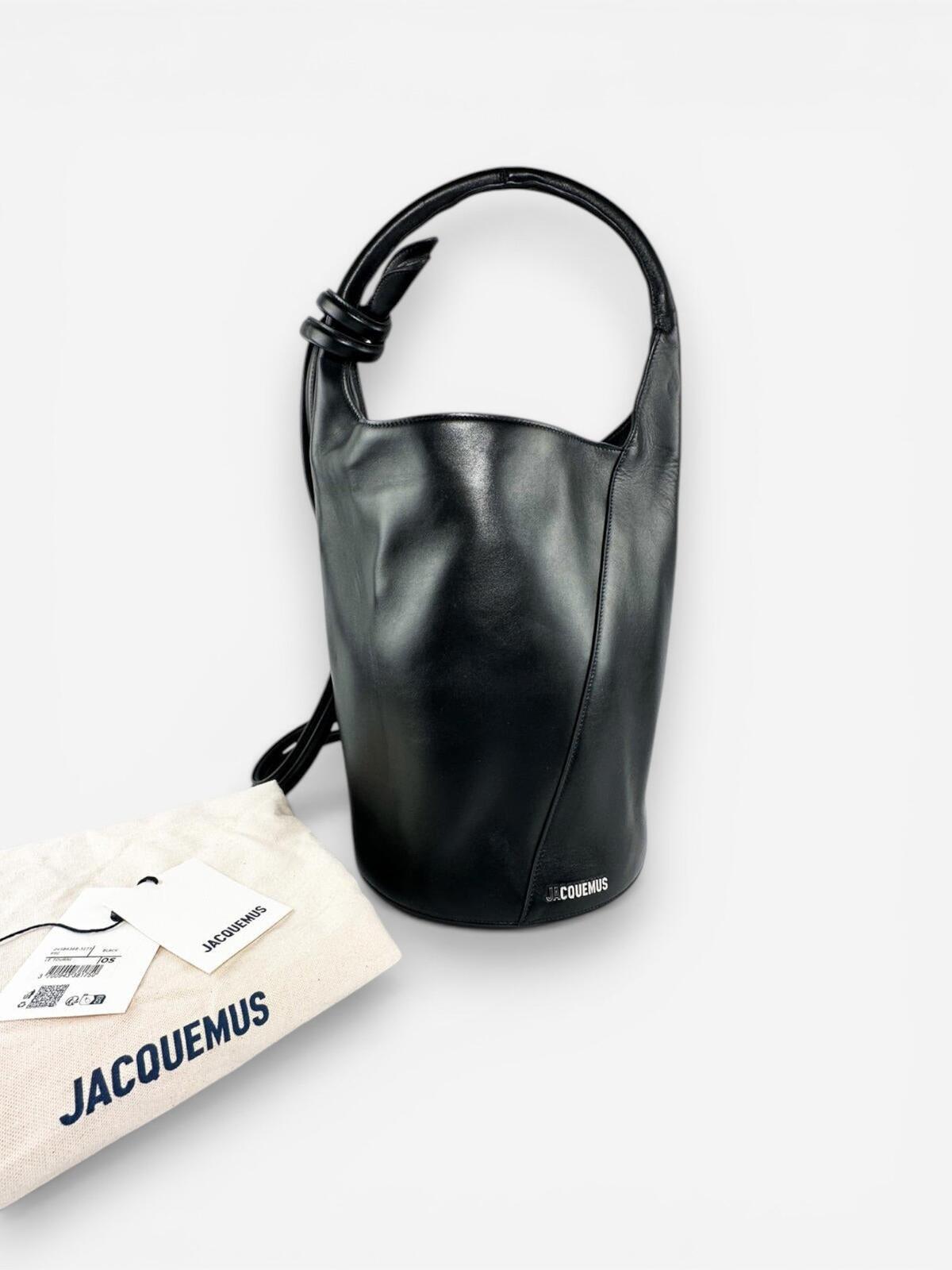 Jacquemus Le Tourni Black Calf Leather Bucket Tote Knotted Handle | NWT