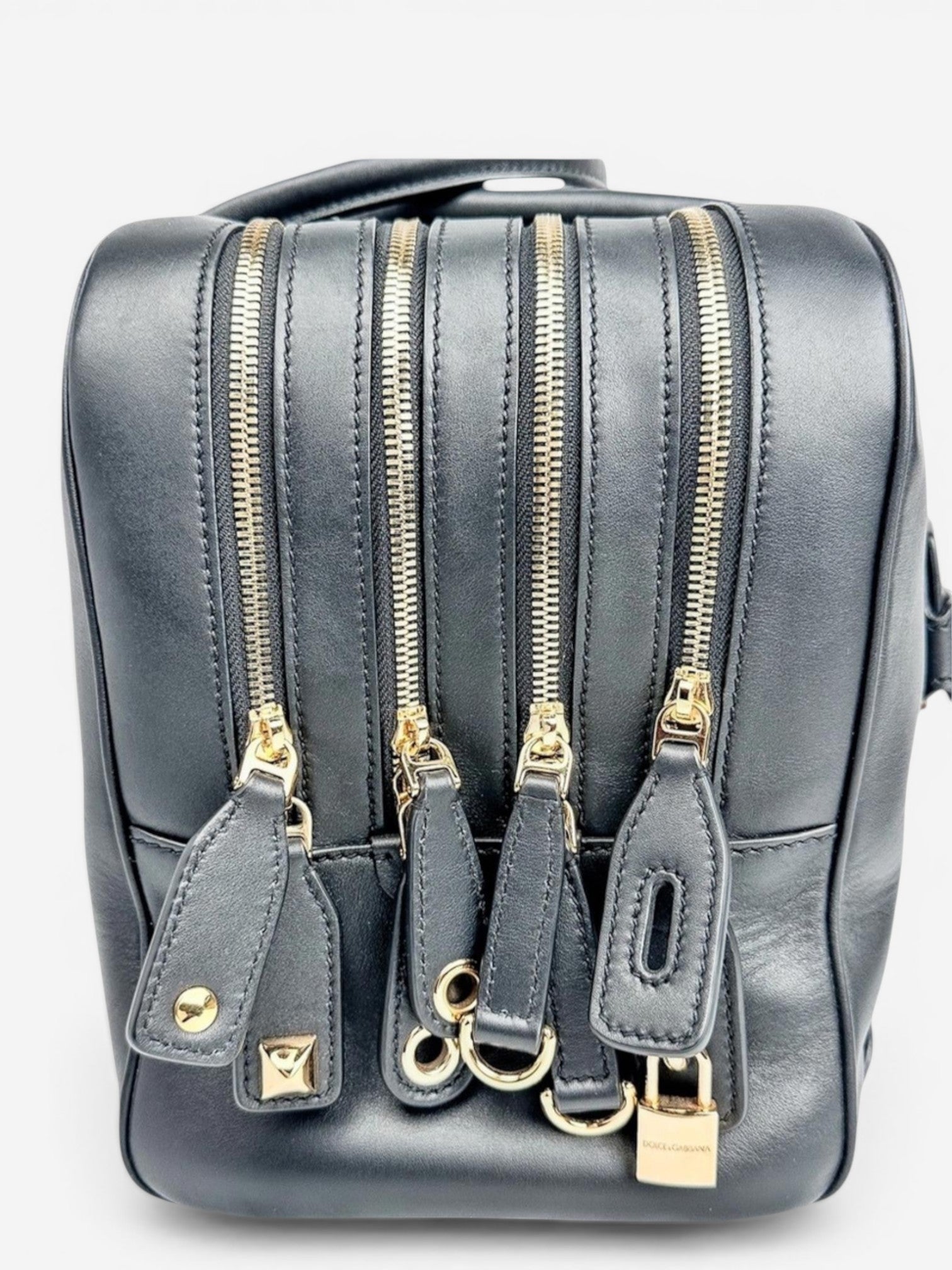 Dolce & Gabbana Vitello Aria Black Leather Multi‑Zip Top Handle Bag – New