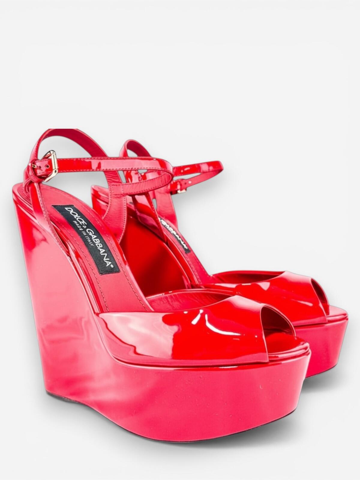 Dolce & Gabbana Red Patent Leather Platform Wedge Sandal EU 39 US 8 New