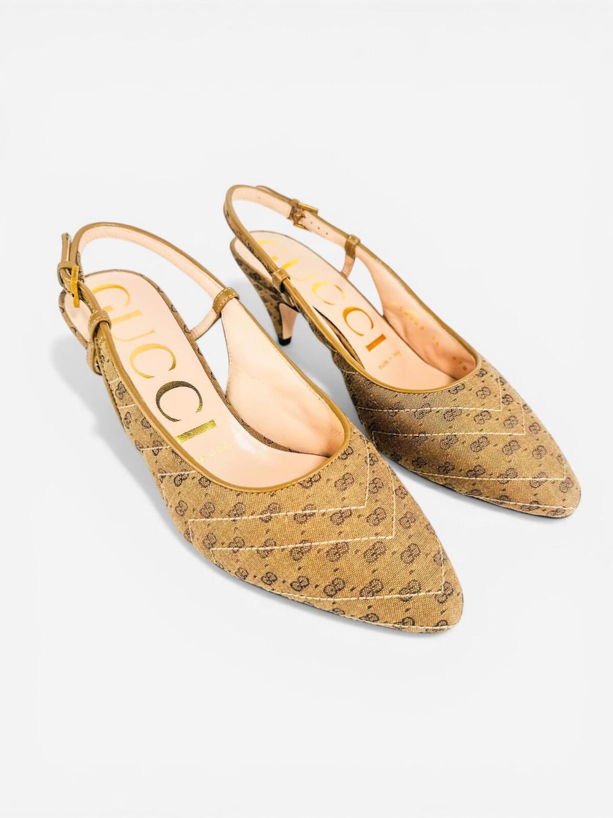 Gucci GG Marmont Canvas Slingback Pump Beige Ebony Gold EU 36 US 6 NIB