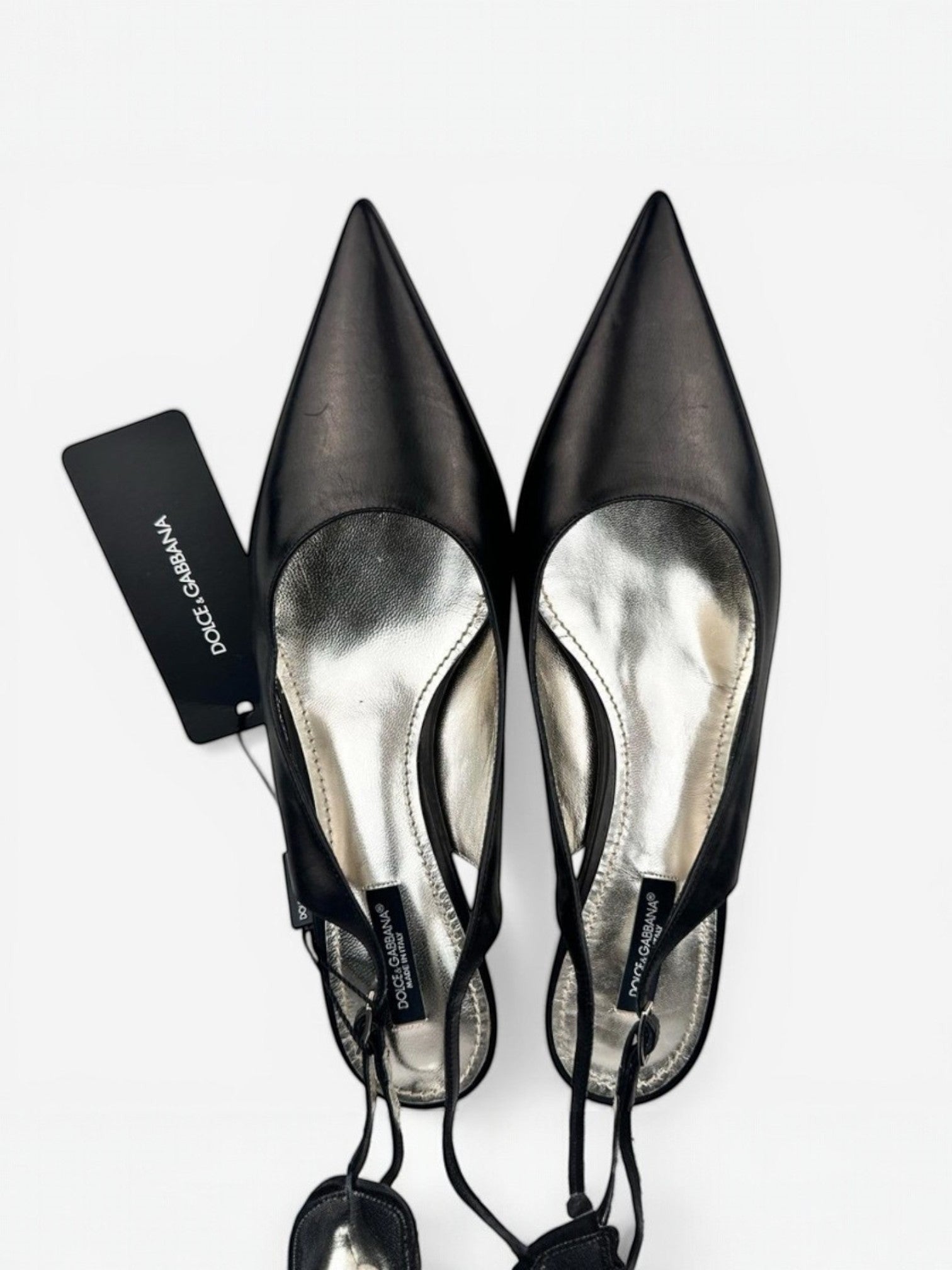 Dolce & Gabbana Vero Cuoio Black Leather Slingback Pointed Toe Pumps EU 39.5 New