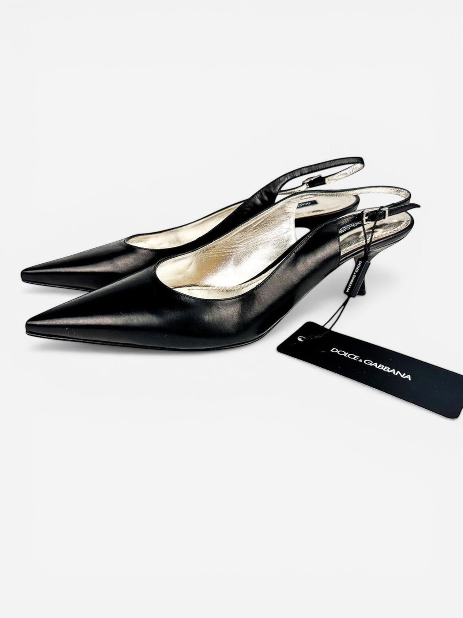 Dolce & Gabbana Vero Cuoio Black Leather Slingback Pointed Toe Pumps EU 39.5 New
