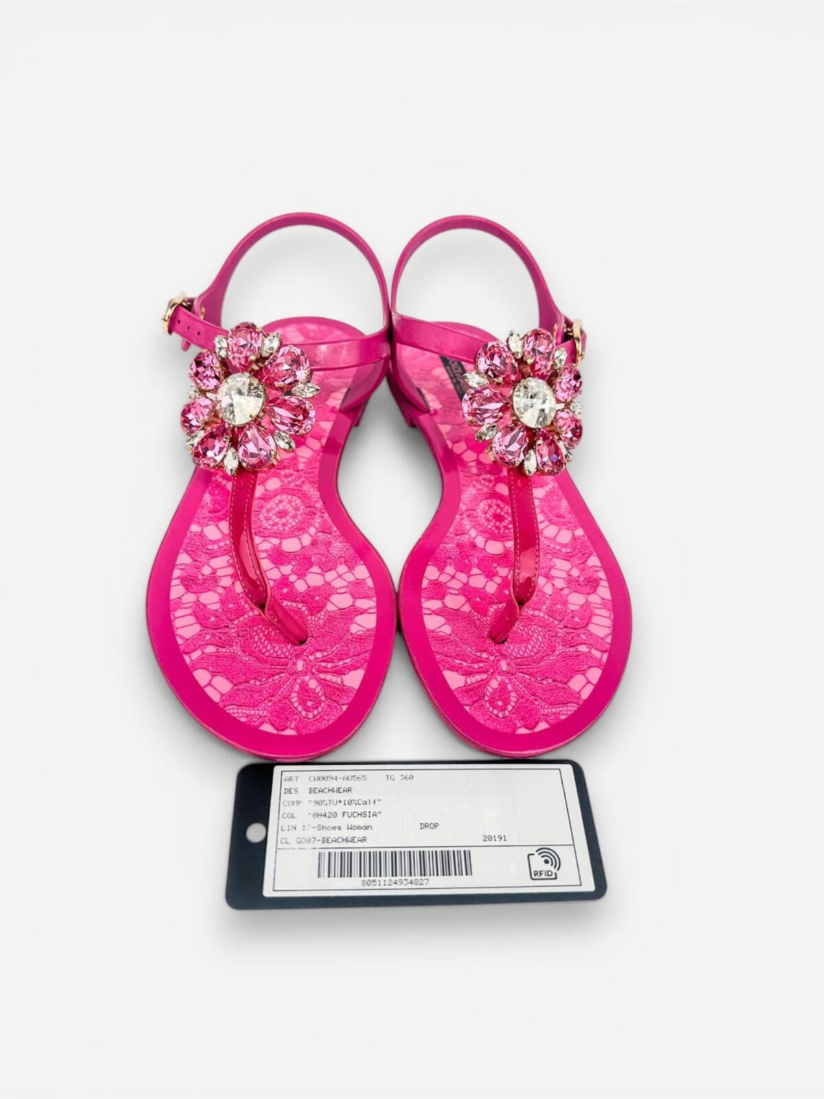 Dolce & Gabbana Fuchsia Crystal Flat Sandal Lace Print Footbed EU 36 US 6 New