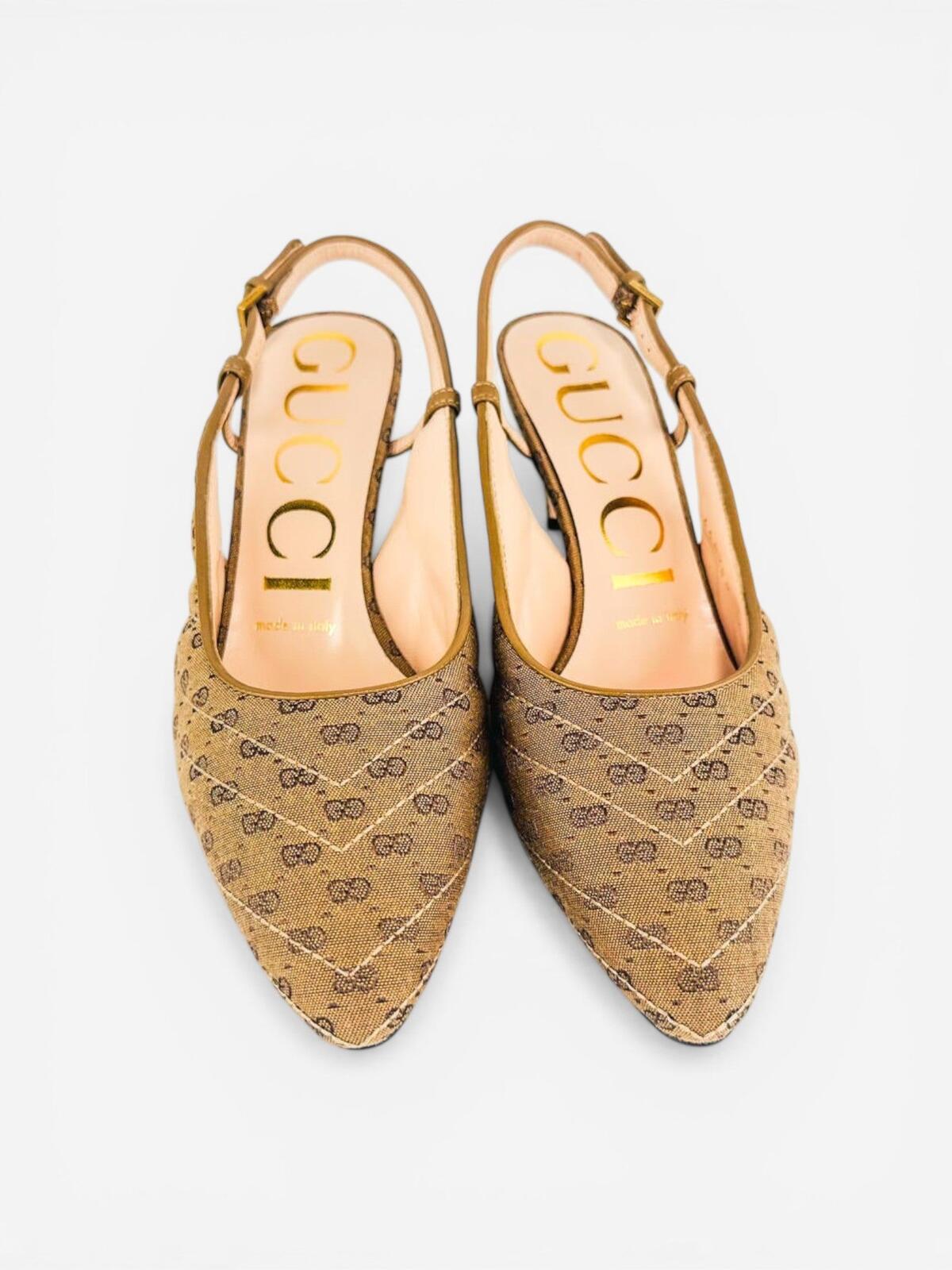 Gucci GG Marmont Canvas Slingback Pump Beige Ebony Gold EU 36 US 6 NIB