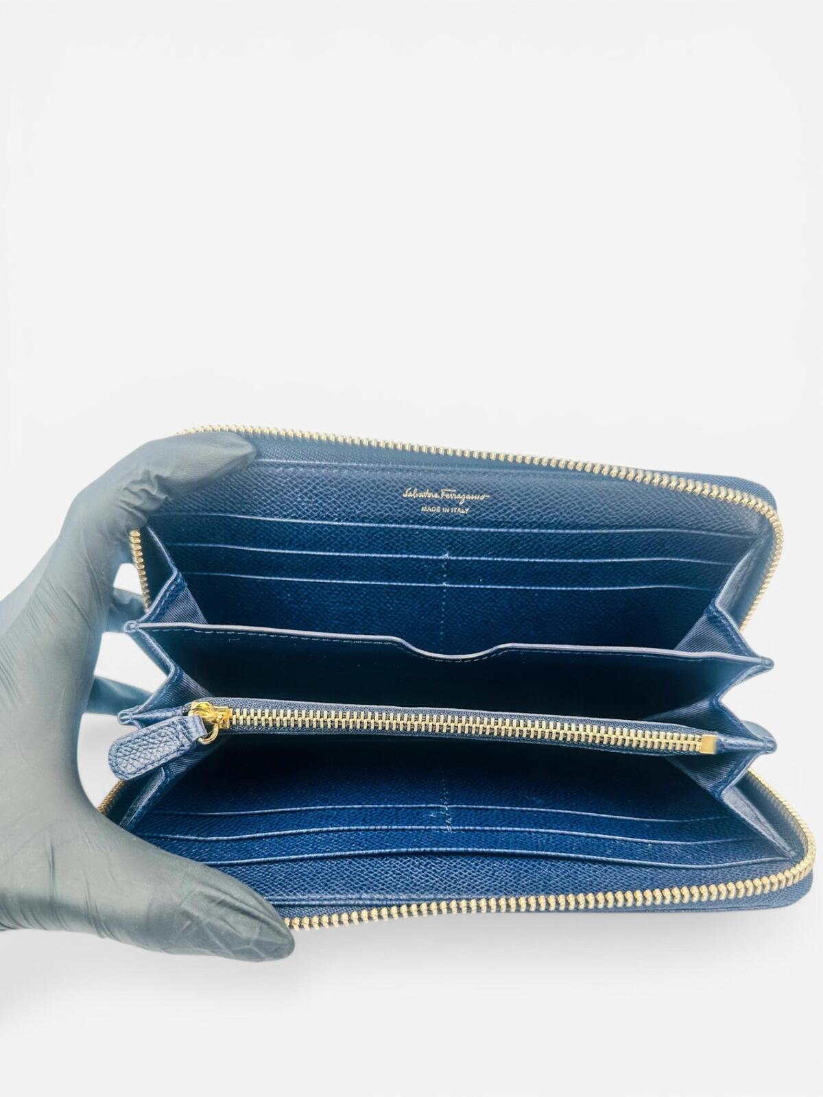 Salvatore Ferragamo Gancini Zip-Around Wallet Navy Leather Gold | New