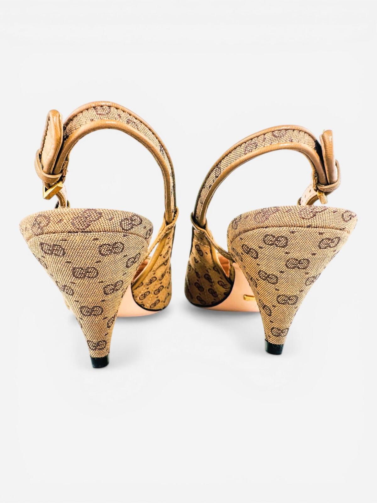 Gucci GG Marmont Canvas Slingback Pump Beige Ebony Gold EU 36 US 6 NIB