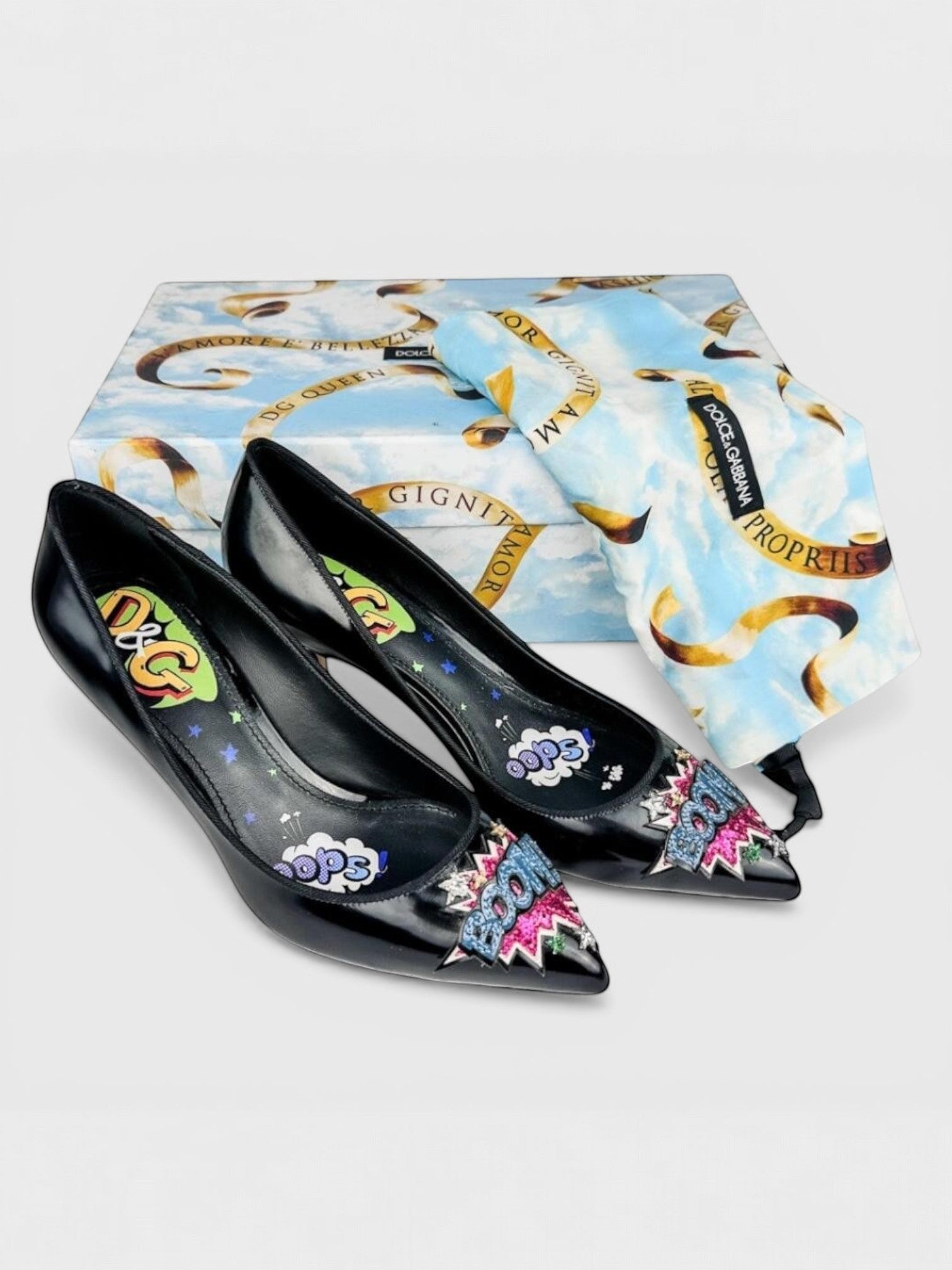 Dolce & Gabbana Comic Pop Art Appliqué Patent Leather Pointed Toe Pumps EU37 New