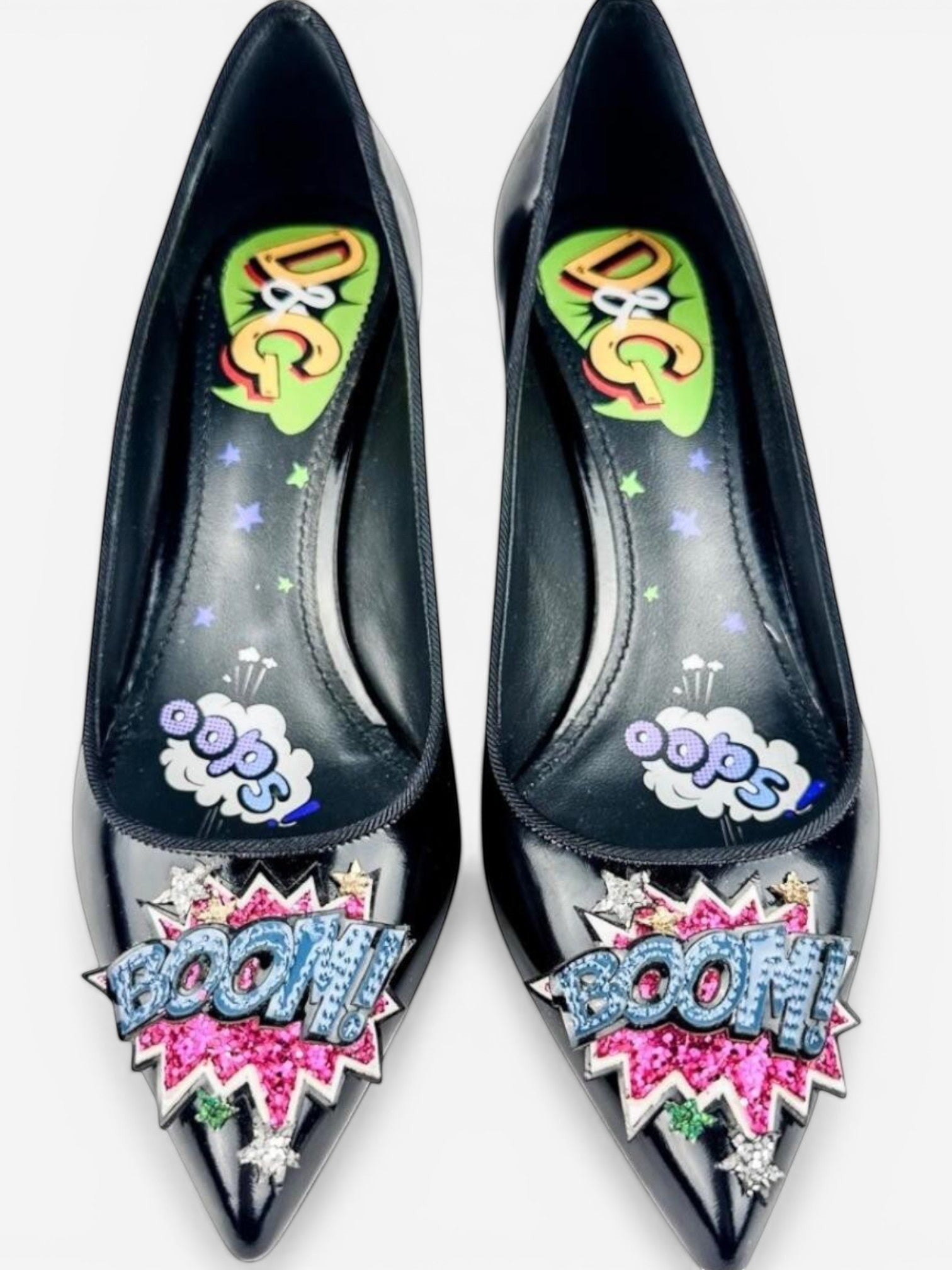 Dolce & Gabbana Comic Pop Art Appliqué Patent Leather Pointed Toe Pumps EU37 New