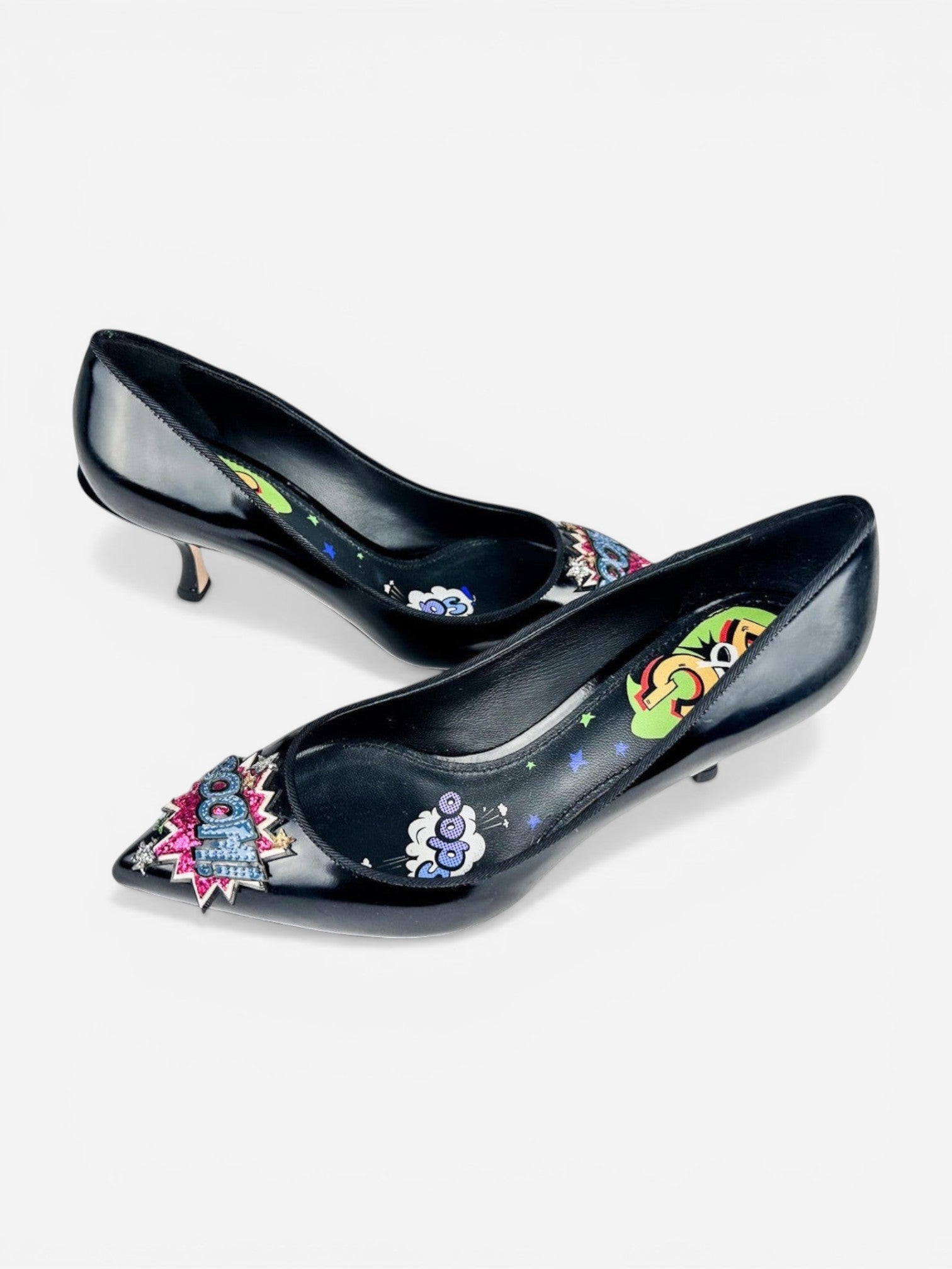 Dolce & Gabbana Comic Pop Art Appliqué Patent Leather Pointed Toe Pumps EU37 New