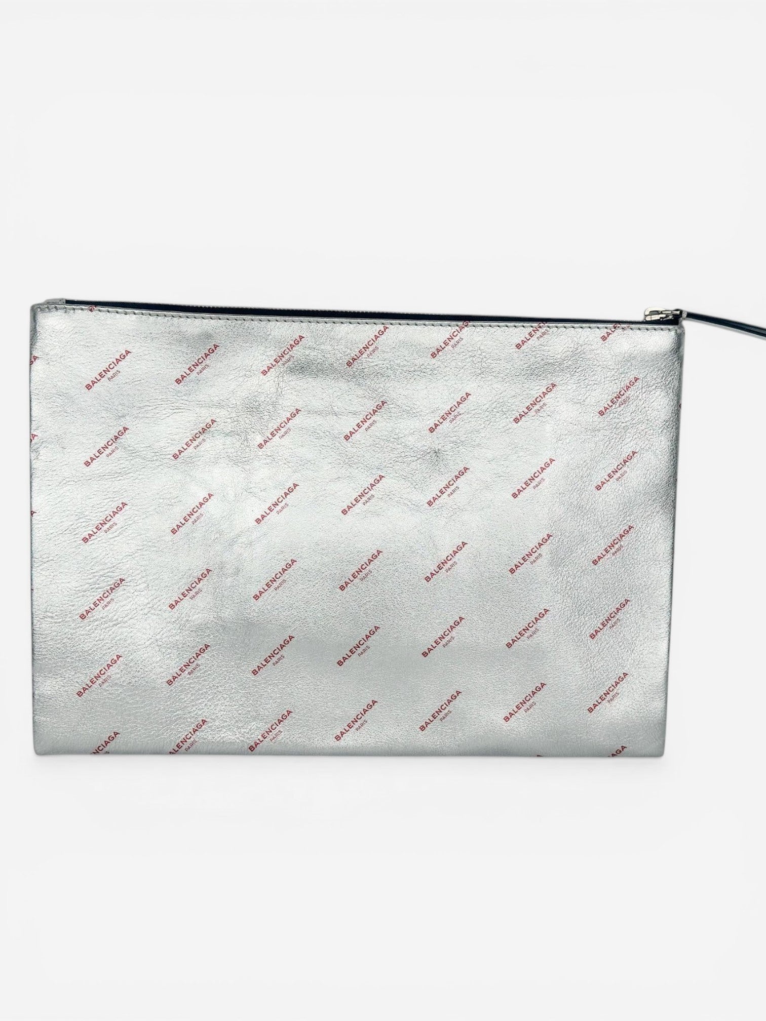 Balenciaga Metallic Silver Logo Leather Pouch – Like New