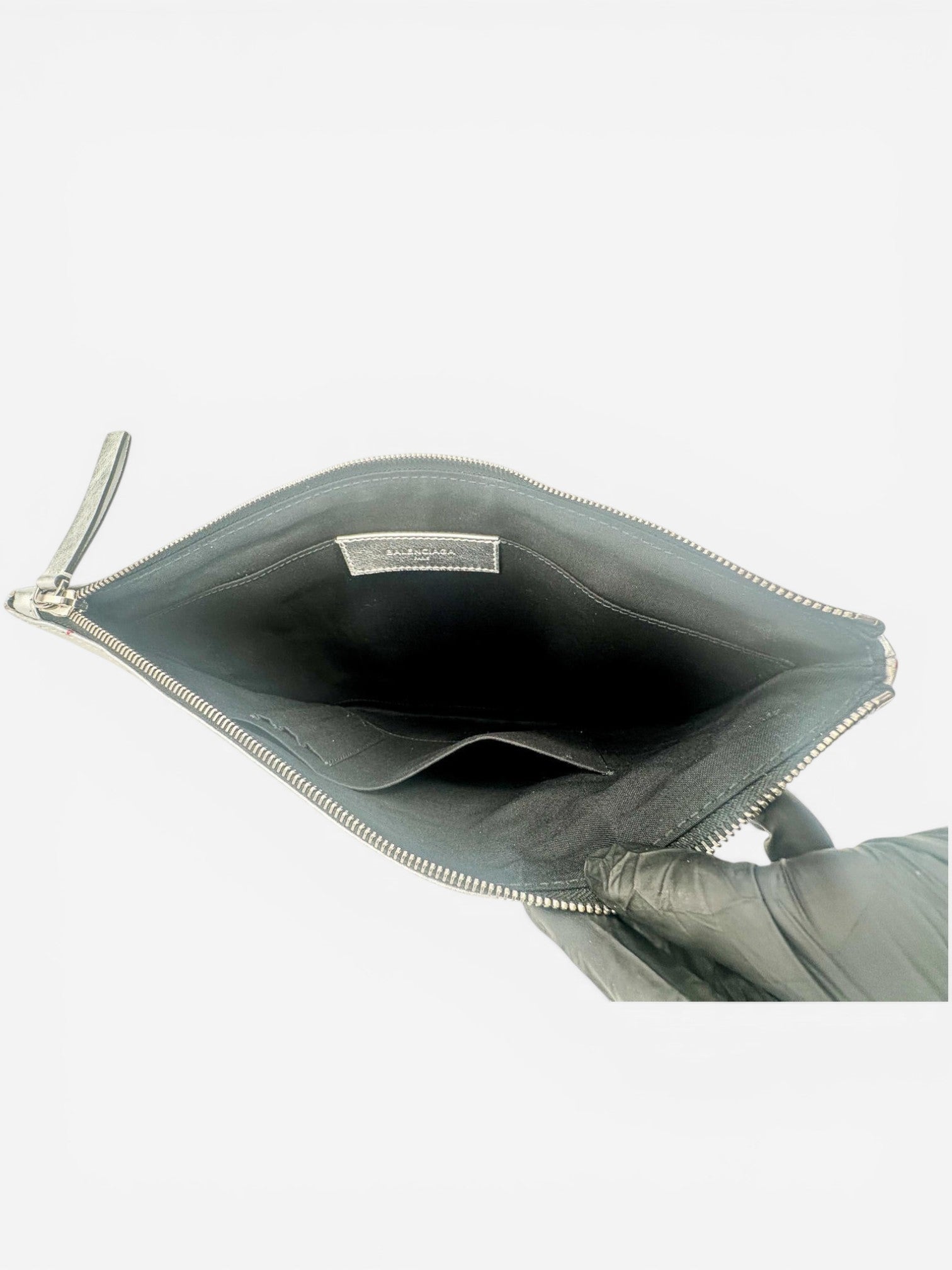 Balenciaga Metallic Silver Logo Leather Pouch – Like New