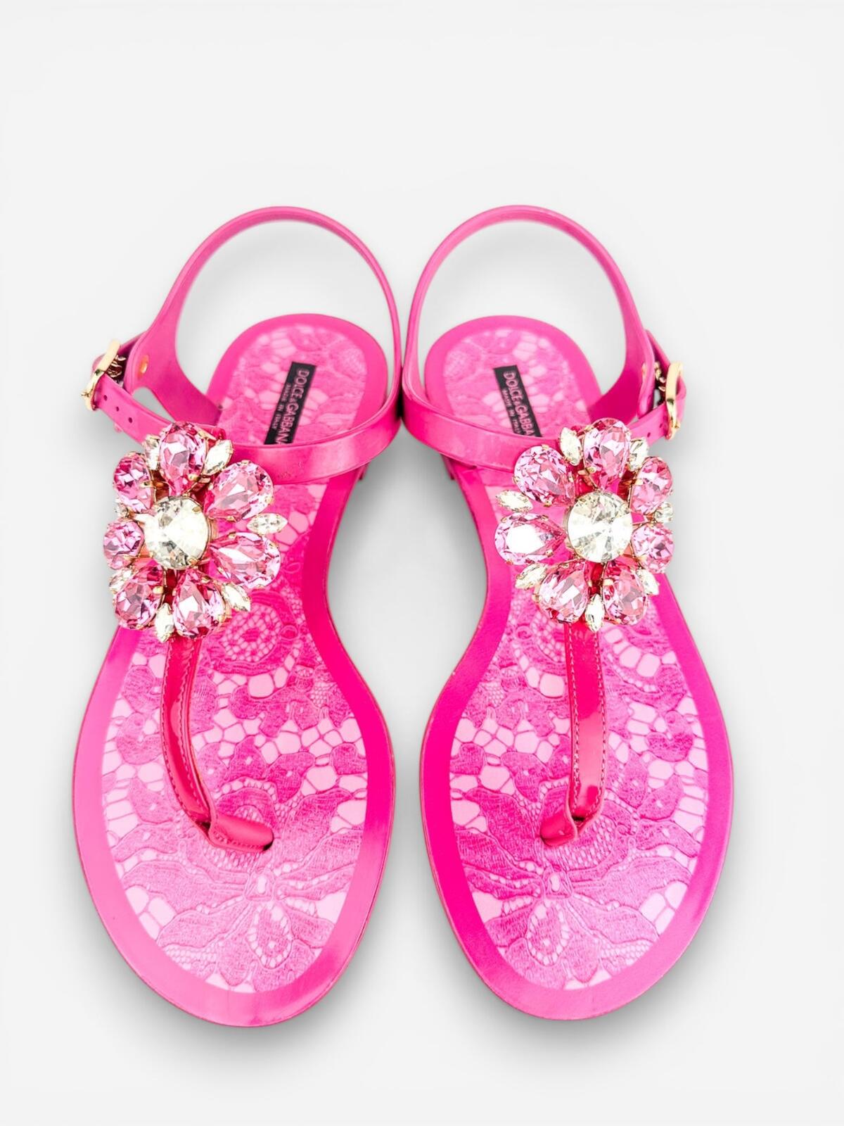 Dolce & Gabbana Fuchsia Crystal Flat Sandal Lace Print Footbed EU 36 US 6 New