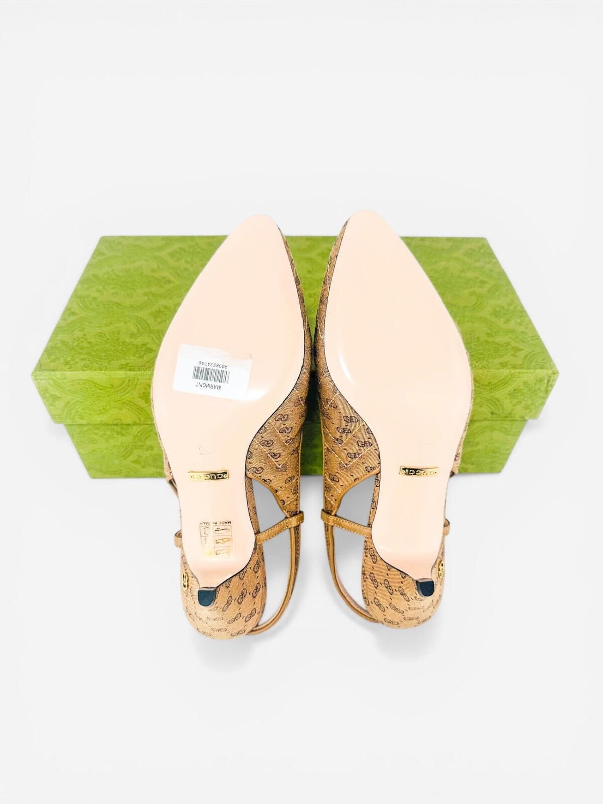 Gucci GG Marmont Canvas Slingback Pump Beige Ebony Gold EU 36 US 6 NIB