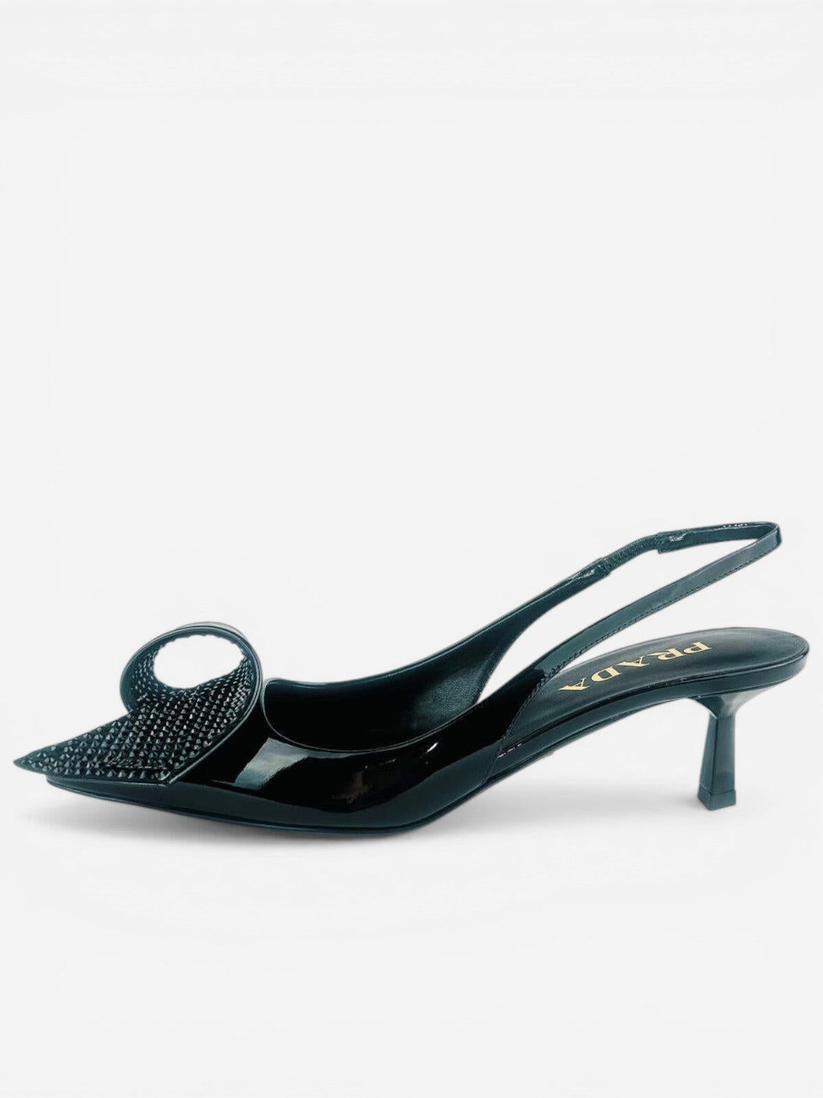 Prada Black Patent Leather Logo Bow Kitten Heel Slingback EU 36.5 | NIB