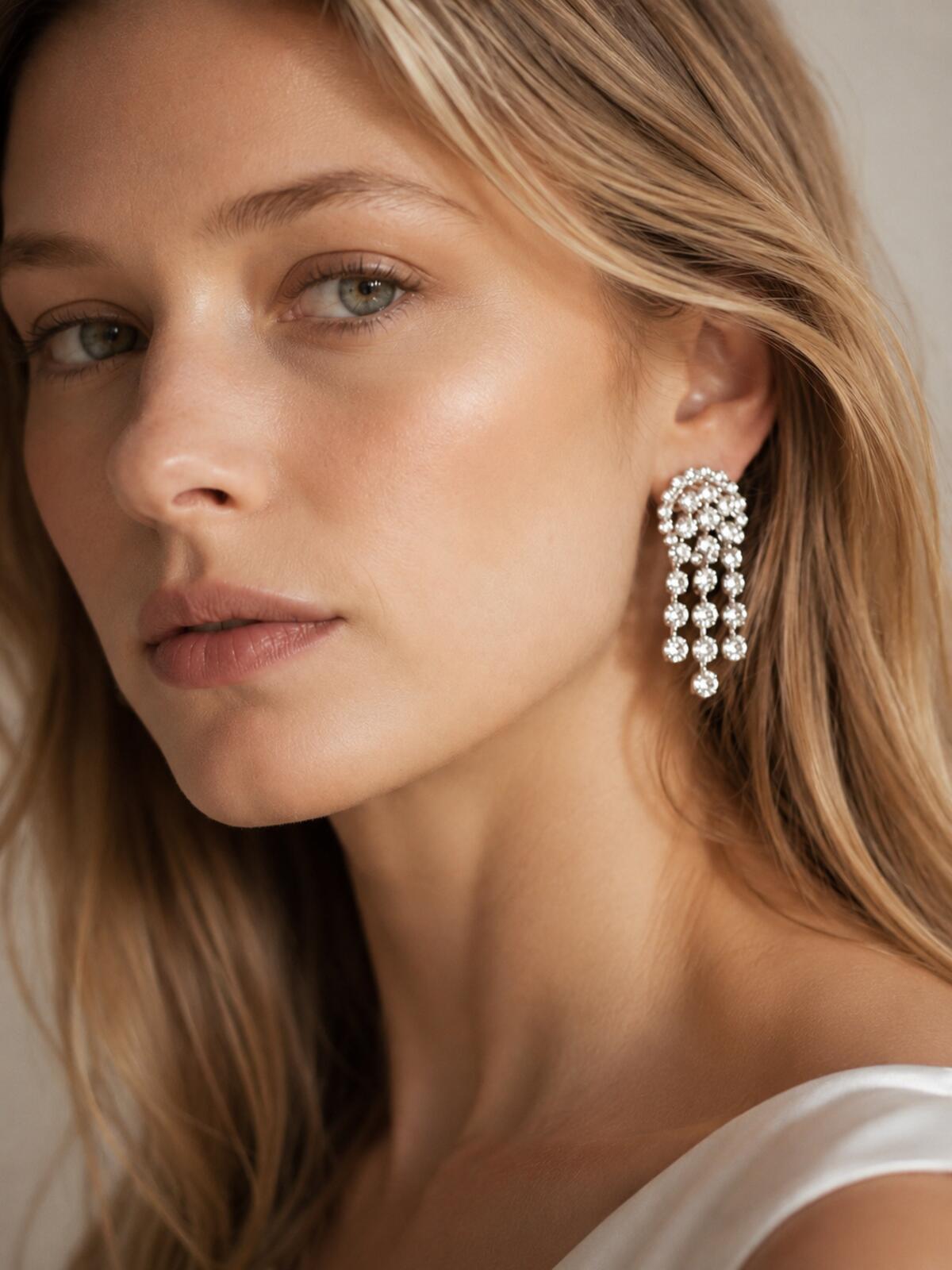 Alessandra Rich Alessandra Rich Crystal Cascade Drop Clip-On Earrings Silver 3” | NWT Box - Vestir