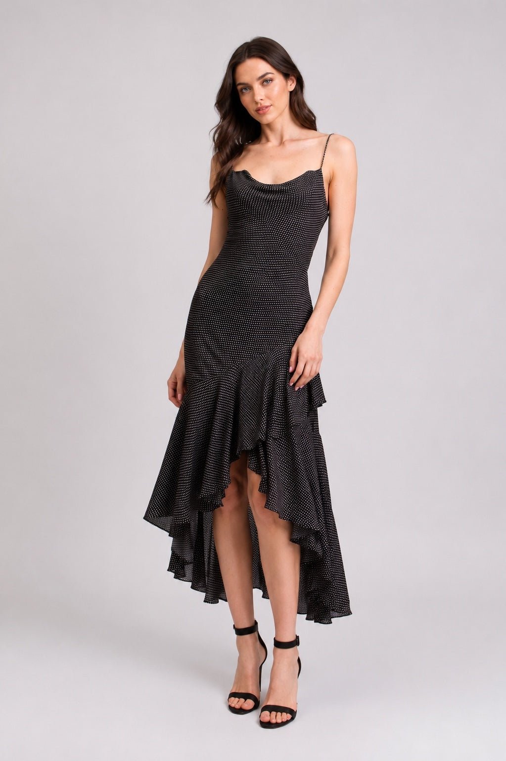 Alice + Olivia Alice + Olivia Ginger Polka Dot Asymmetrical Ruffle Midi Dress Black US 6 | NWT - Vestir