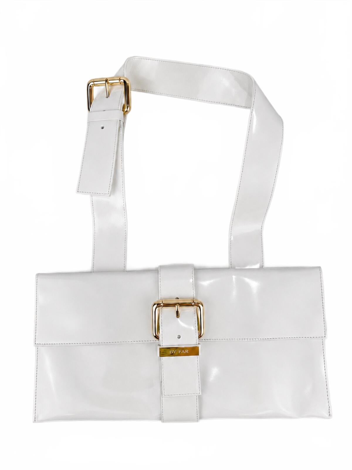 By FAR BY FAR Donna White Glossy Leather Shoulder Bag Gold Hardware M | NWT - Vestir