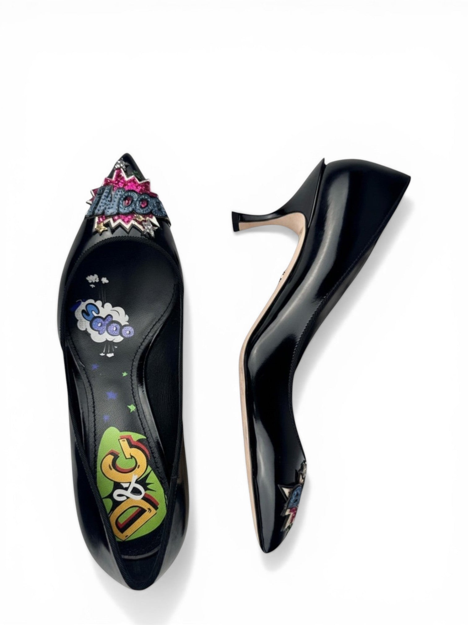 Dolce & Gabbana Comic Pop Art Appliqué Patent Leather Pointed Toe Pumps EU37 New