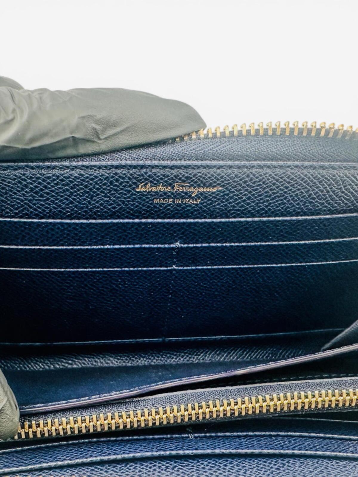 Salvatore Ferragamo Gancini Zip-Around Wallet Navy Leather Gold | New