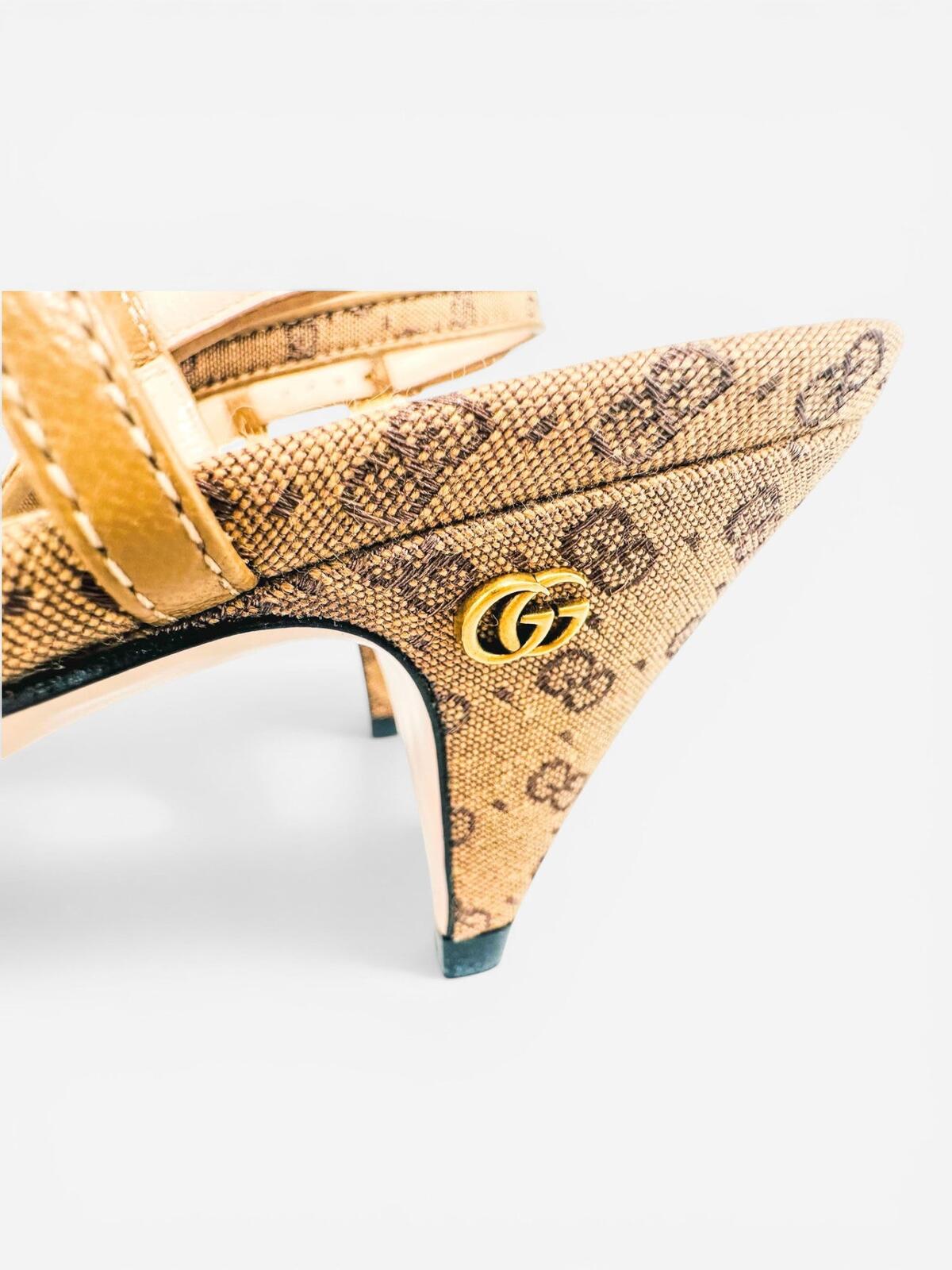 Gucci GG Marmont Canvas Slingback Pump Beige Ebony Gold EU 36 US 6 NIB