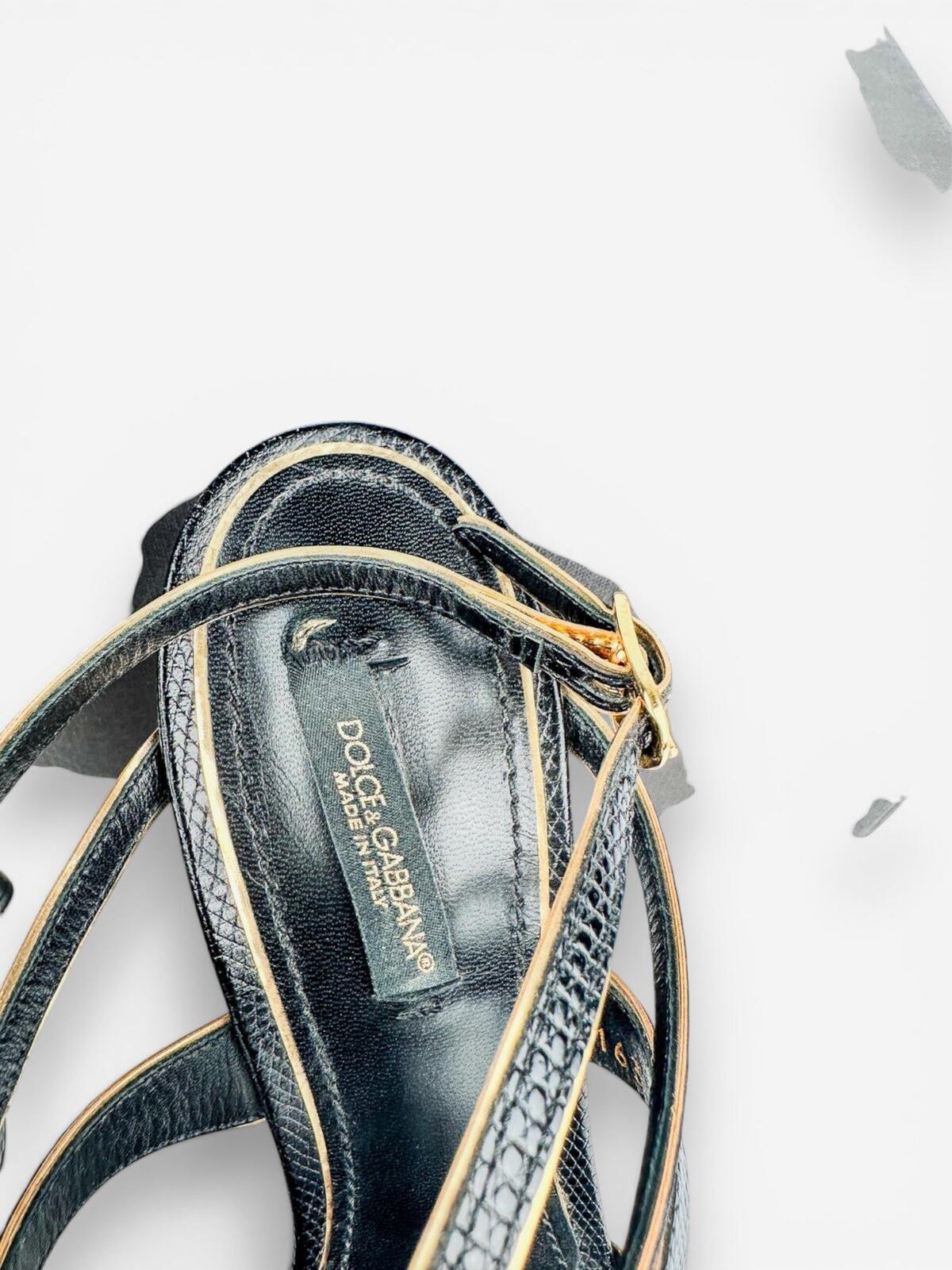 Dolce & Gabbana Dolce & Gabbana Black Gold Embossed Calfskin Ankle Strap Stiletto EU 39 | NWT - Vestir