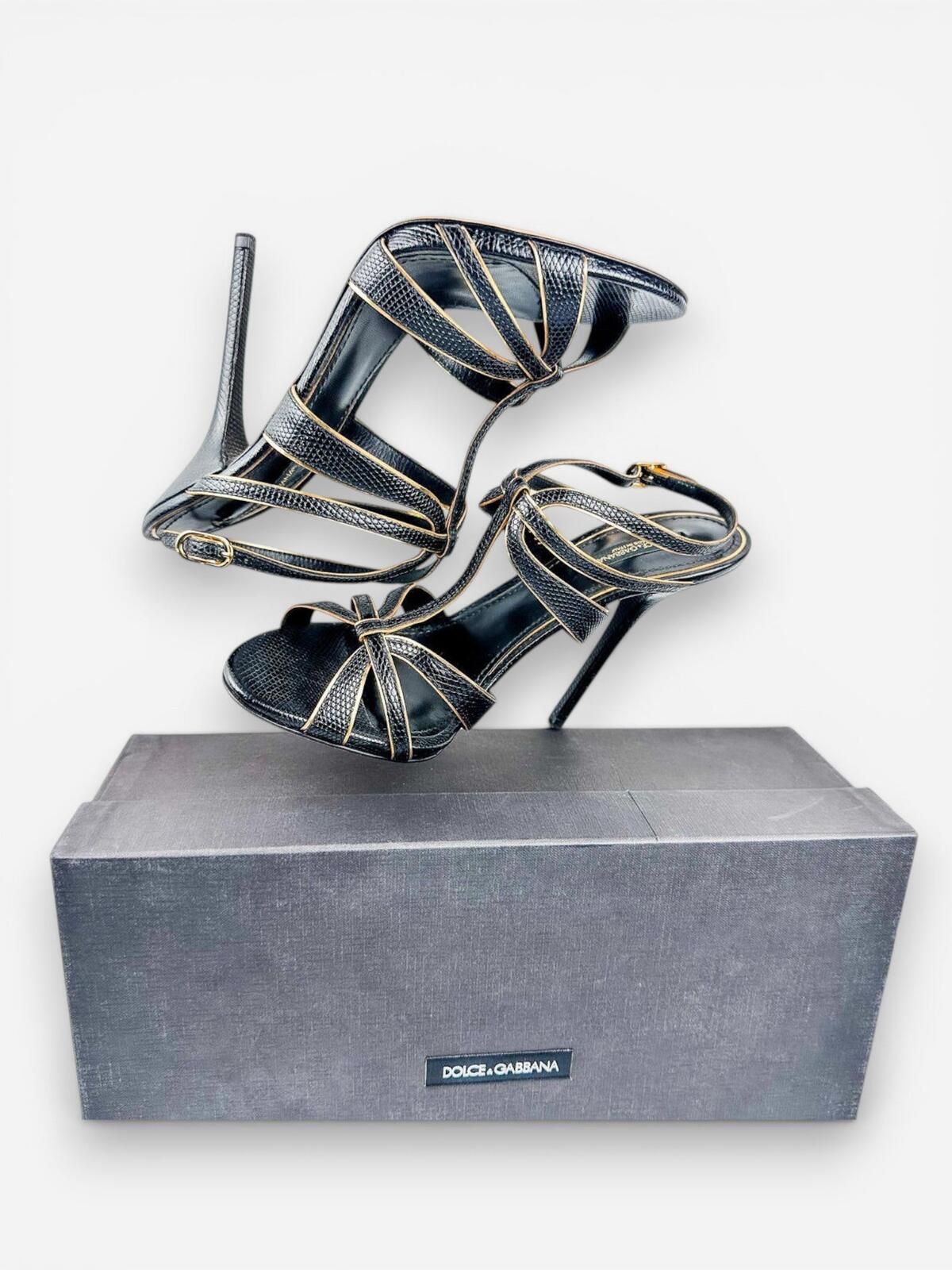 Dolce & Gabbana Dolce & Gabbana Black Gold Embossed Calfskin Ankle Strap Stiletto EU 39 | NWT - Vestir