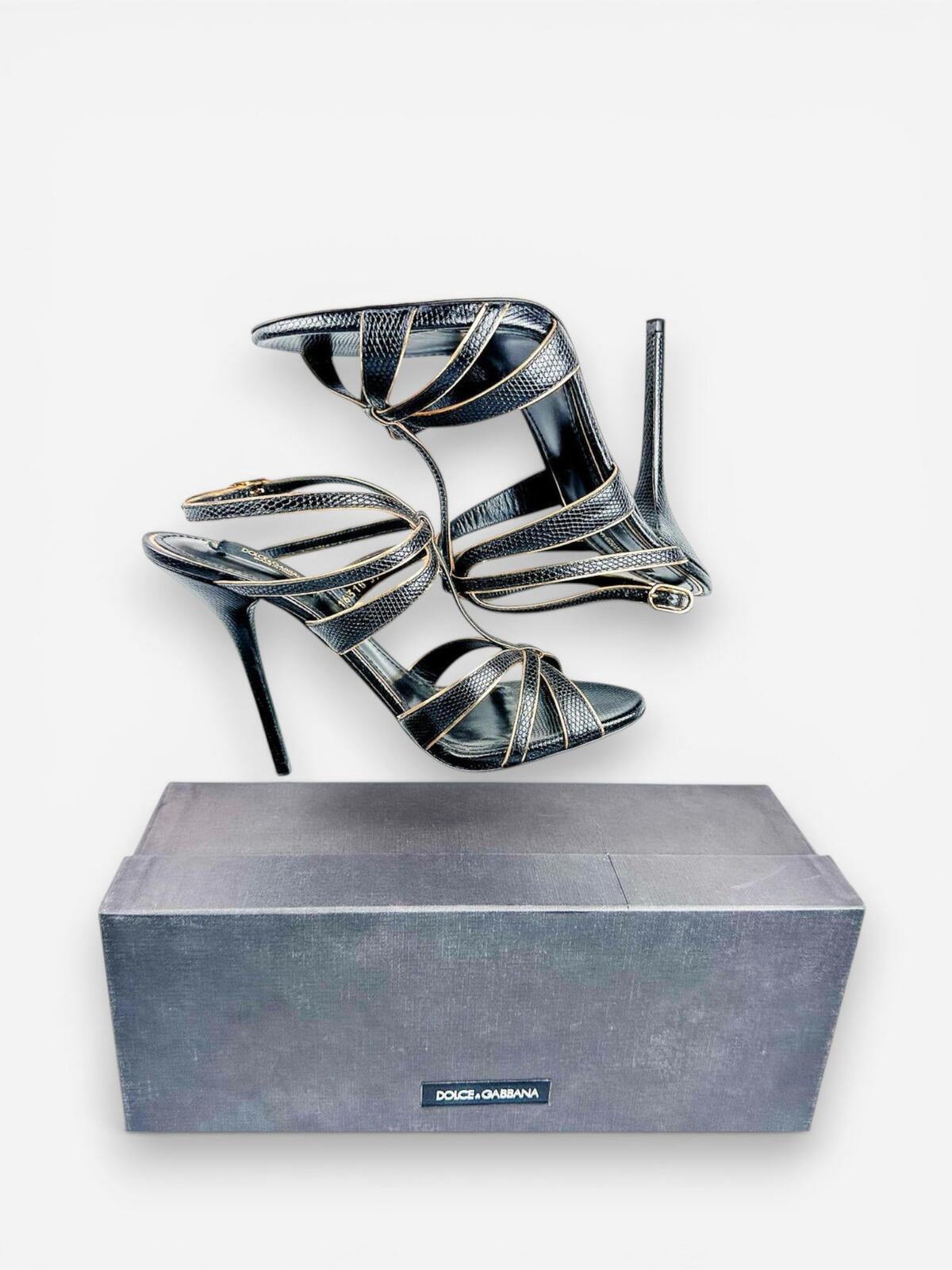 Dolce & Gabbana Dolce & Gabbana Black Gold Embossed Calfskin Ankle Strap Stiletto EU 39 | NWT - Vestir