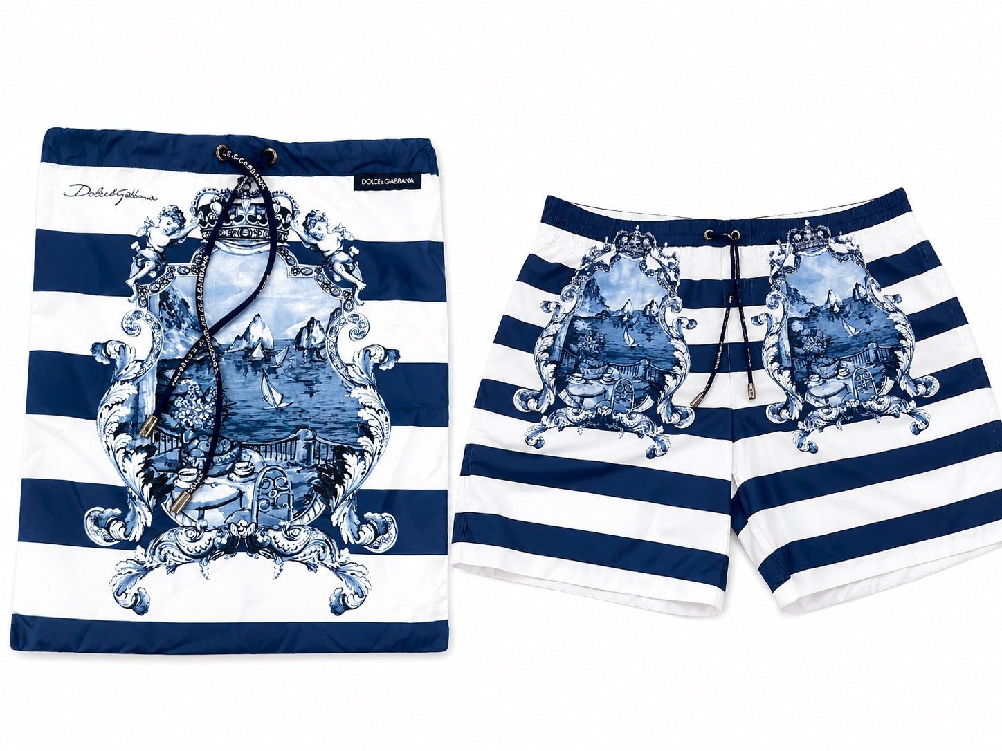 Dolce & Gabbana Dolce & Gabbana Capri Print Stripe Swim Shorts Blue White Men XL | NWT - Vestir