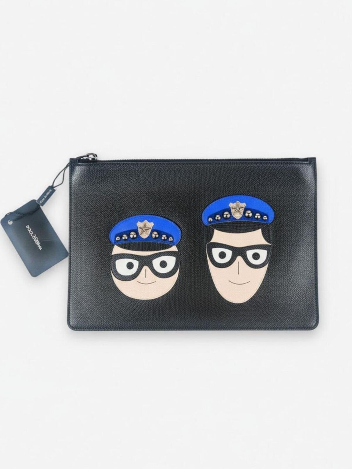 Dolce & Gabbana Dolce & Gabbana DGFamily Black Calfskin Zip Pouch Face Appliqué Studs NWT - Vestir