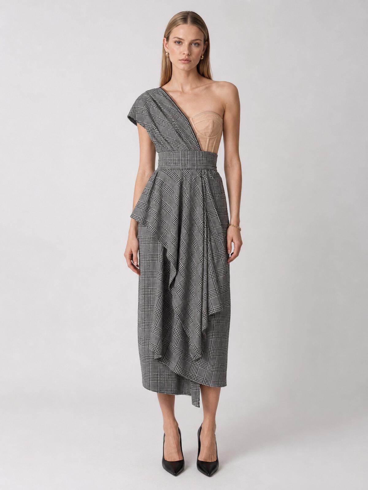 Dolce & Gabbana Dolce & Gabbana Glen Plaid One-Shoulder Bustier Midi Dress IT 40 US 4 | NWT - Vestir