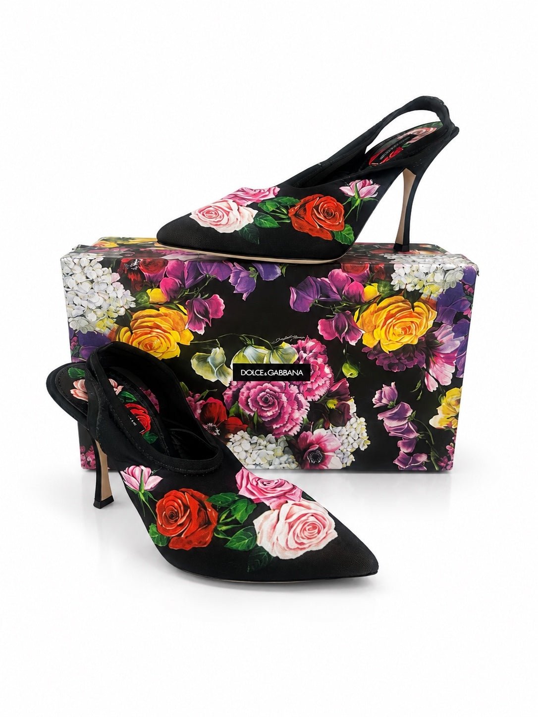 Dolce & Gabbana Dolce & Gabbana Rose Floral Jersey Slingback Pump Black EU 39.5 US 9.5 | NIB - Vestir