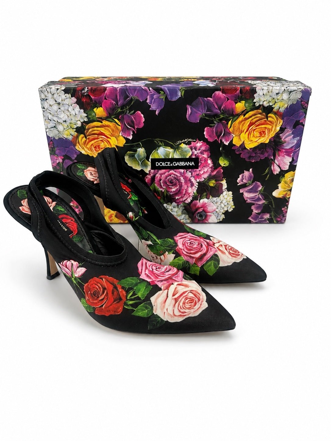 Dolce & Gabbana Dolce & Gabbana Rose Floral Jersey Slingback Pump Black EU 39.5 US 9.5 | NIB - Vestir