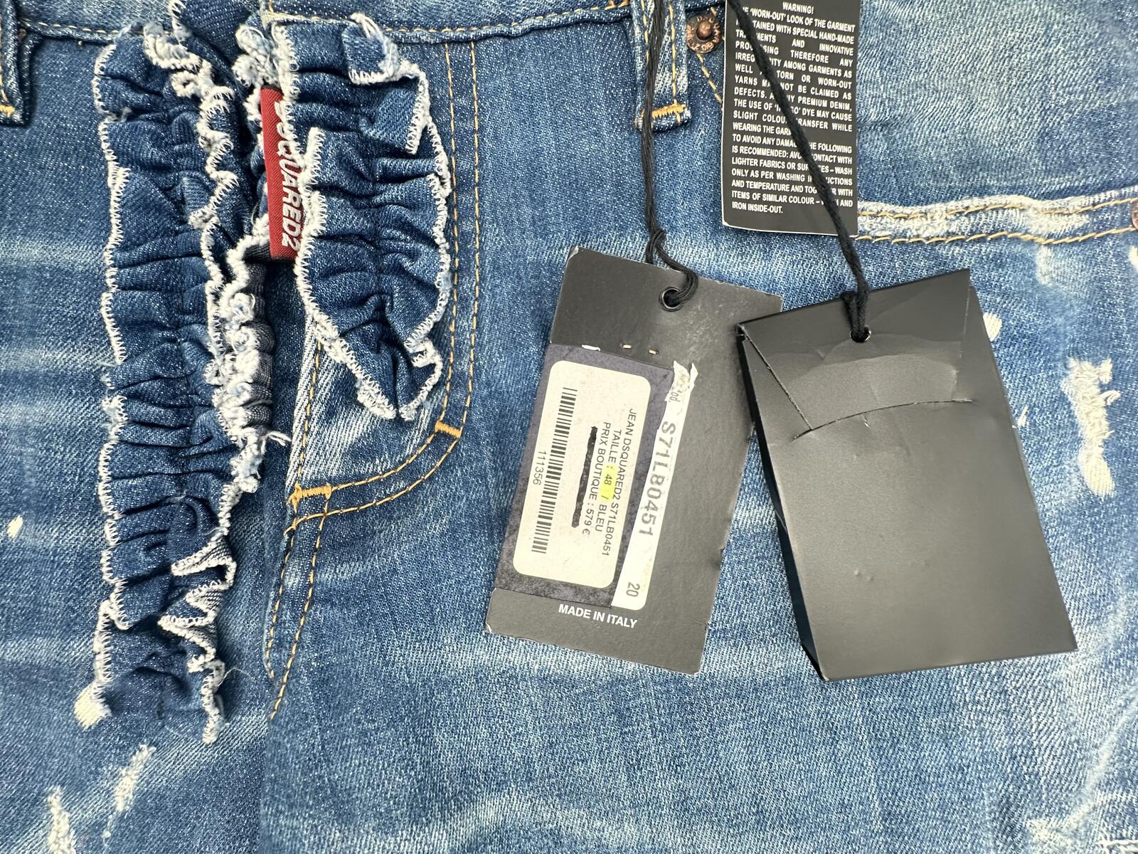 Dsquared2 Dsquared2 Slim Jean Distressed Ruffle Fly Denim IT 48 W33 | NWT - Vestir