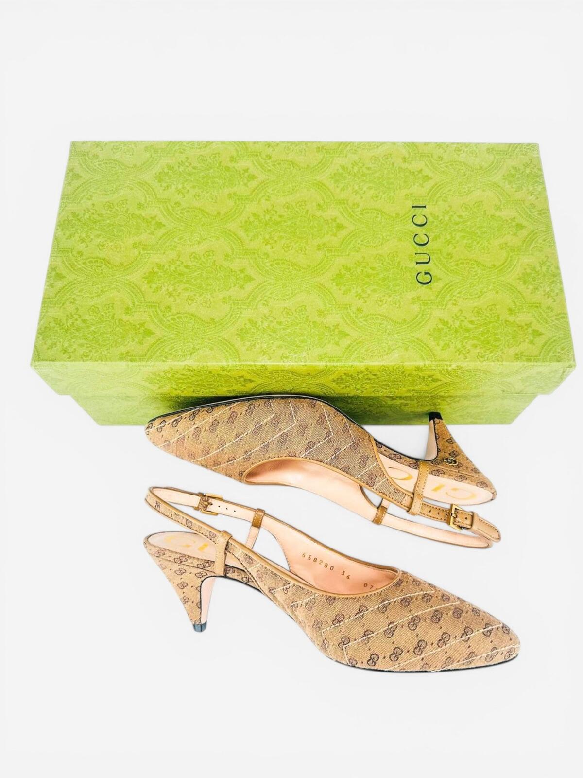Gucci GG Marmont Canvas Slingback Pump Beige Ebony Gold EU 36 US 6 NIB