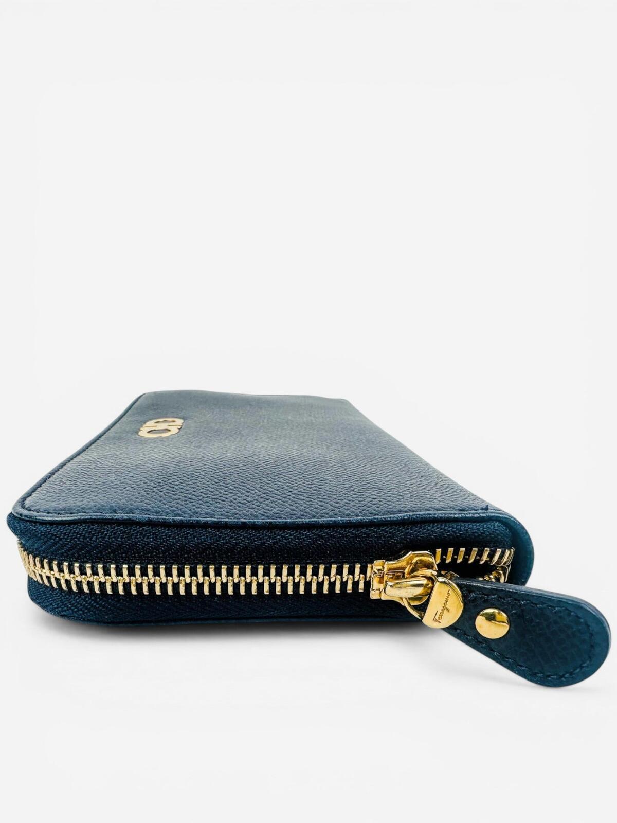 Salvatore Ferragamo Gancini Zip-Around Wallet Navy Leather Gold | New