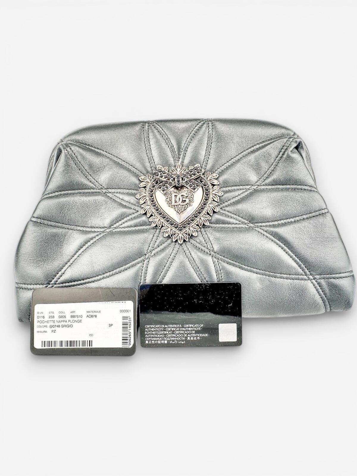 Dolce & Gabbana Devotion Quilted Leather Chain Shoulder Bag Heart Logo Gray
