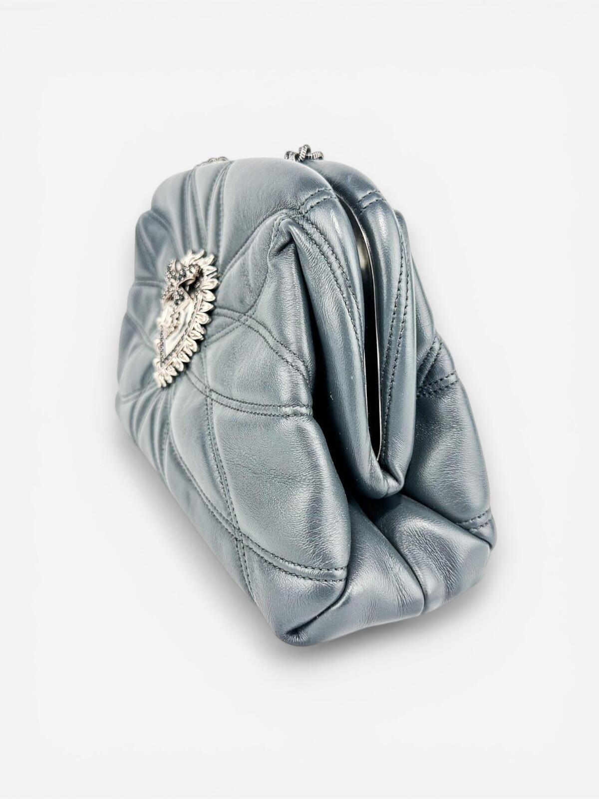 Dolce & Gabbana Devotion Quilted Leather Chain Shoulder Bag Heart Logo Gray