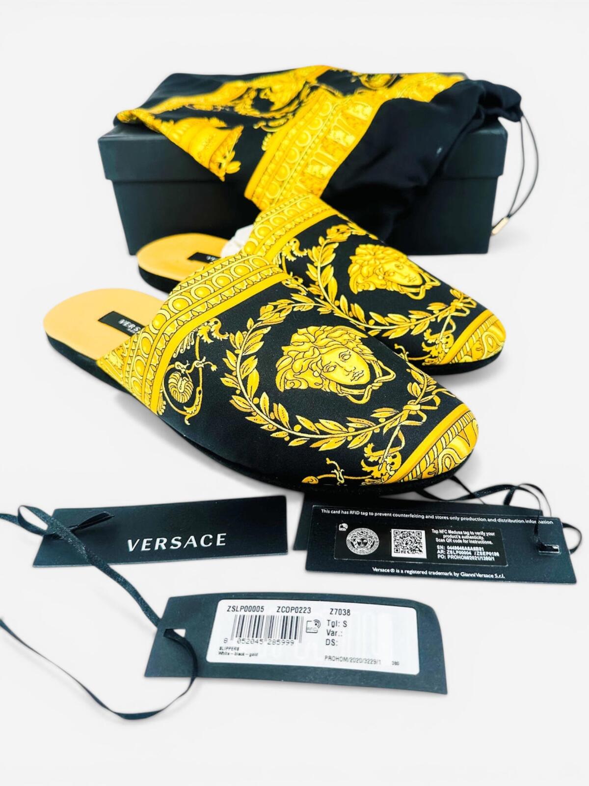 Versace Medusa Baroque Black Gold Satin Slippers EU 41 US 8 Men | NWT
