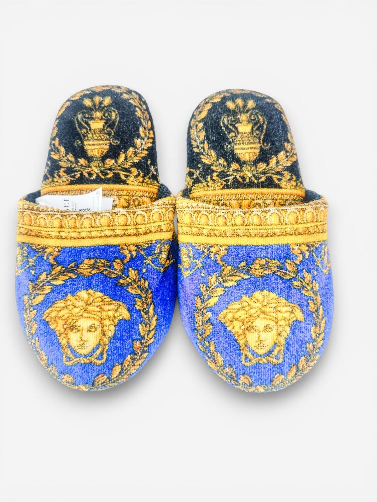 Versace Home Medusa Baroque Cotton Slippers Blue Gold EU 37 US 7 S | NWT