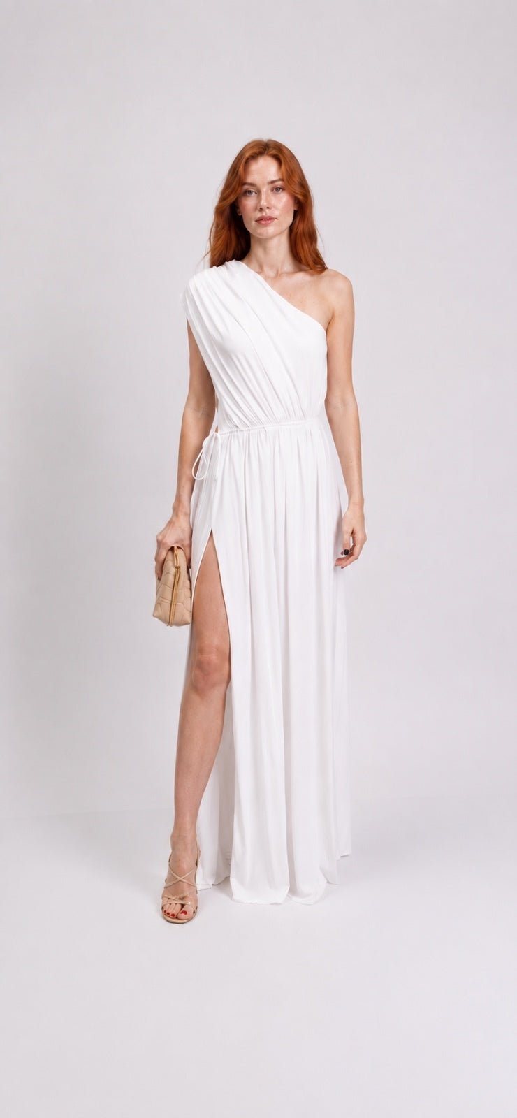 Halston Halston One-Shoulder Draped Cutout Maxi Gown White High Slit US 10 | NWT - Vestir