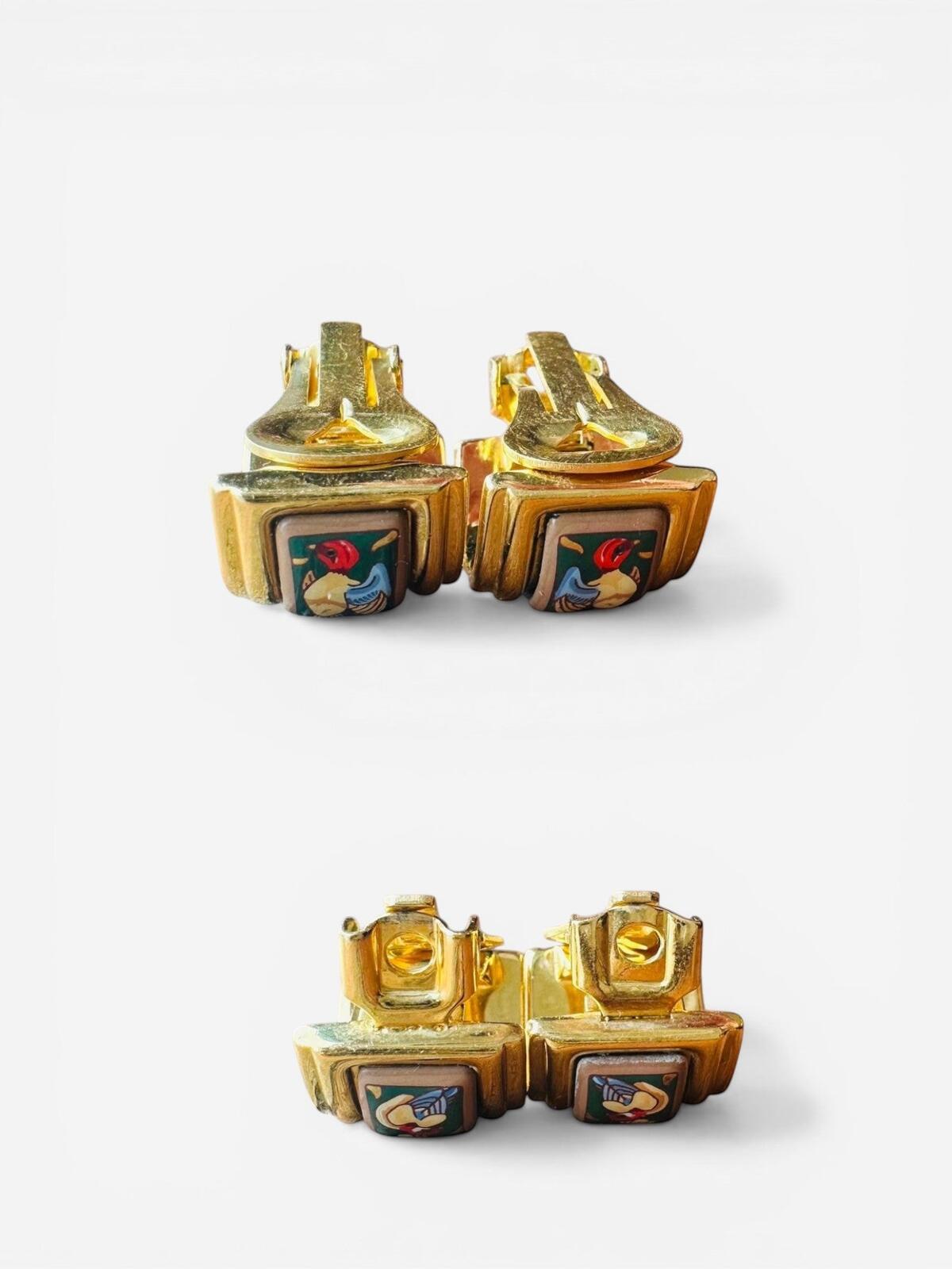 HERMES Hermès Vintage Gold Plated Enamel Bird Clip-On Earrings Green | Stamped - Vestir