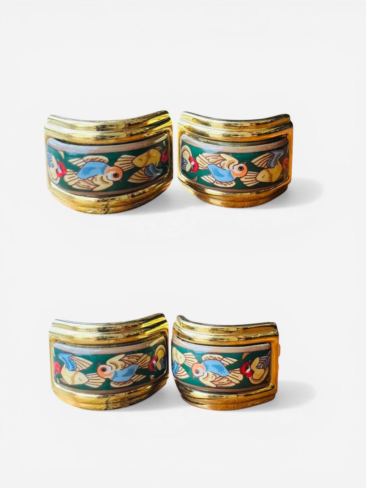 HERMES Hermès Vintage Gold Plated Enamel Bird Clip-On Earrings Green | Stamped - Vestir