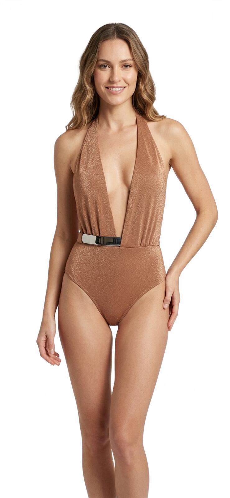 MOEVA MOEVA Bridget Halterneck One-Piece Swimsuit Metallic Bronze Brown M | NWT - Vestir
