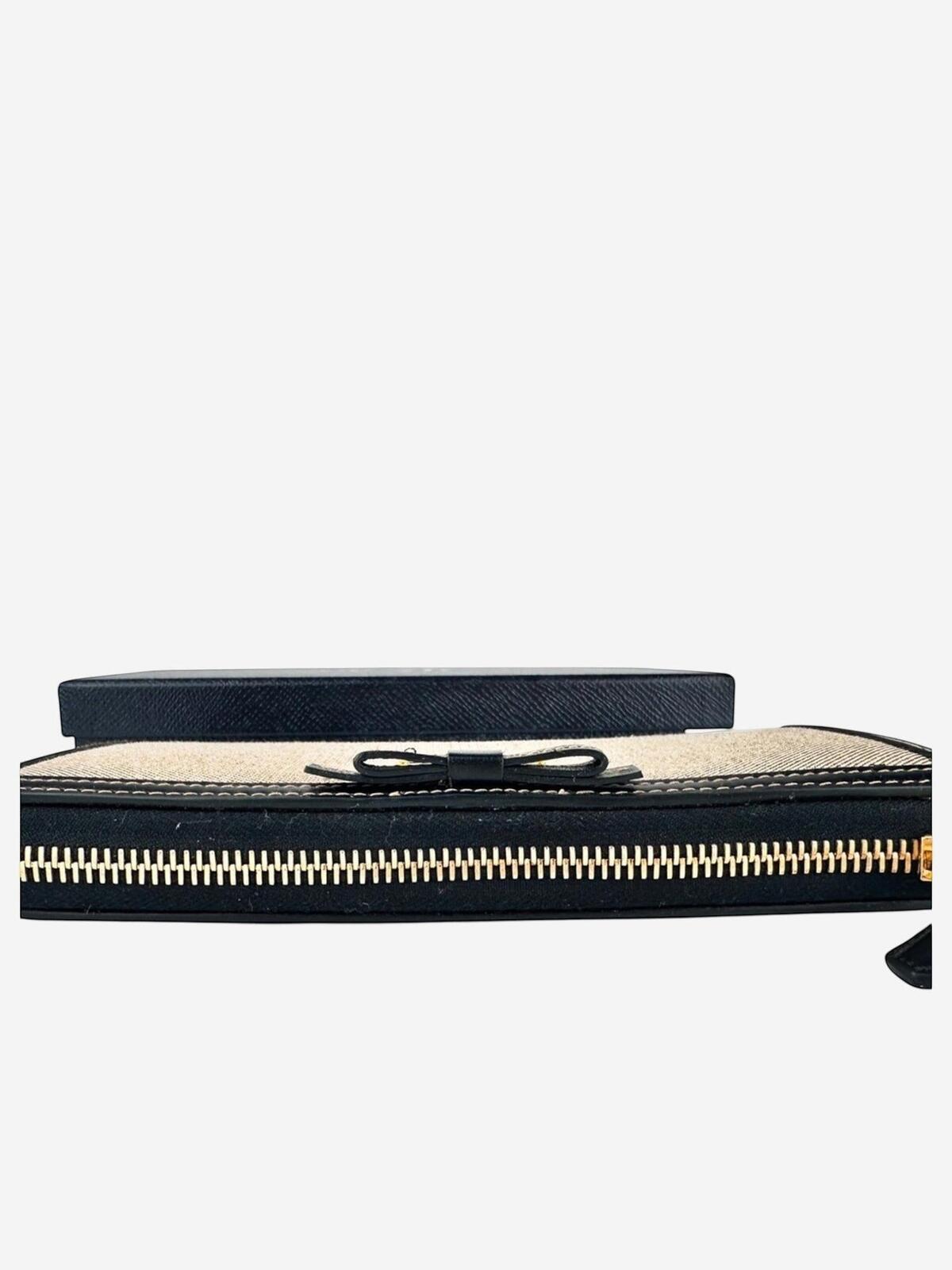 Prada Prada Logo Jacquard Canvas Leather Zip-Around Wallet Beige Black | NWT - Vestir