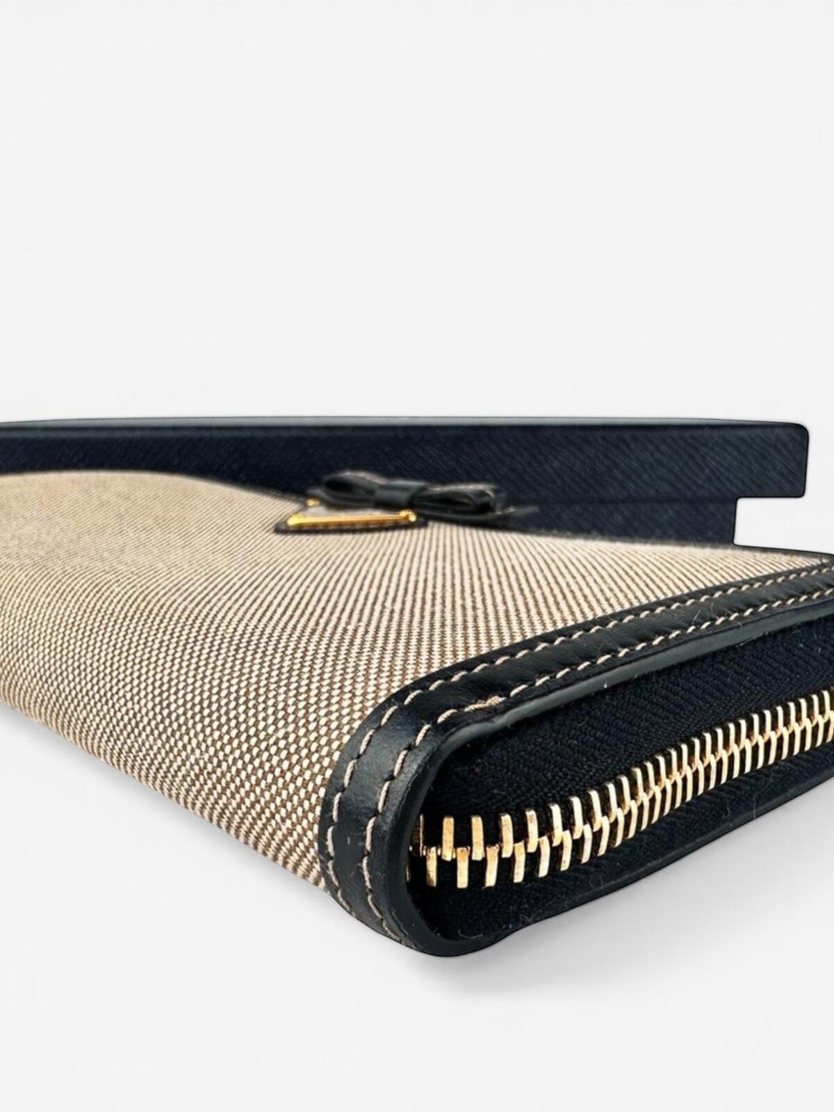 Prada Prada Logo Jacquard Canvas Leather Zip-Around Wallet Beige Black | NWT - Vestir