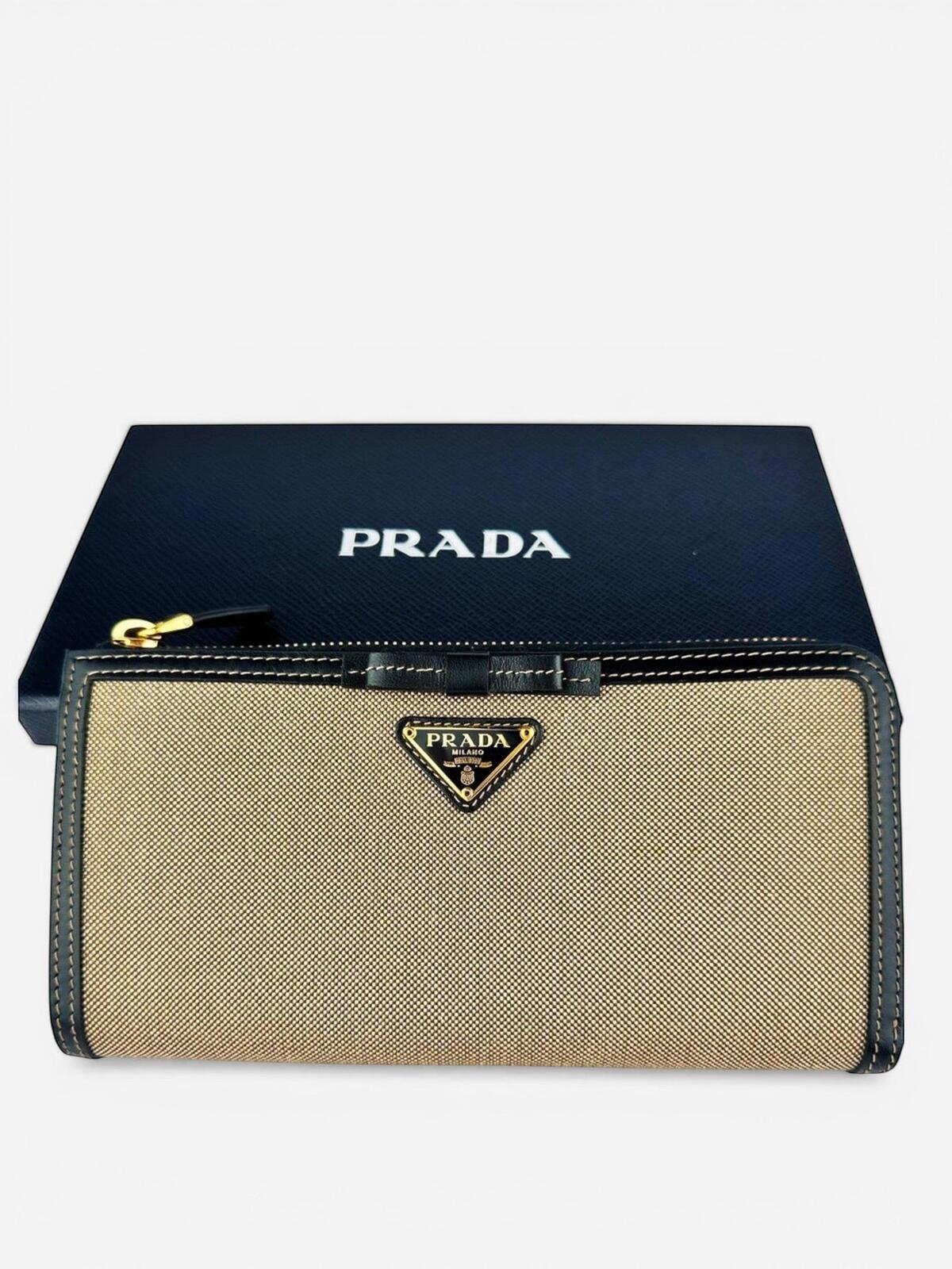 Prada Prada Logo Jacquard Canvas Leather Zip-Around Wallet Beige Black | NWT - Vestir