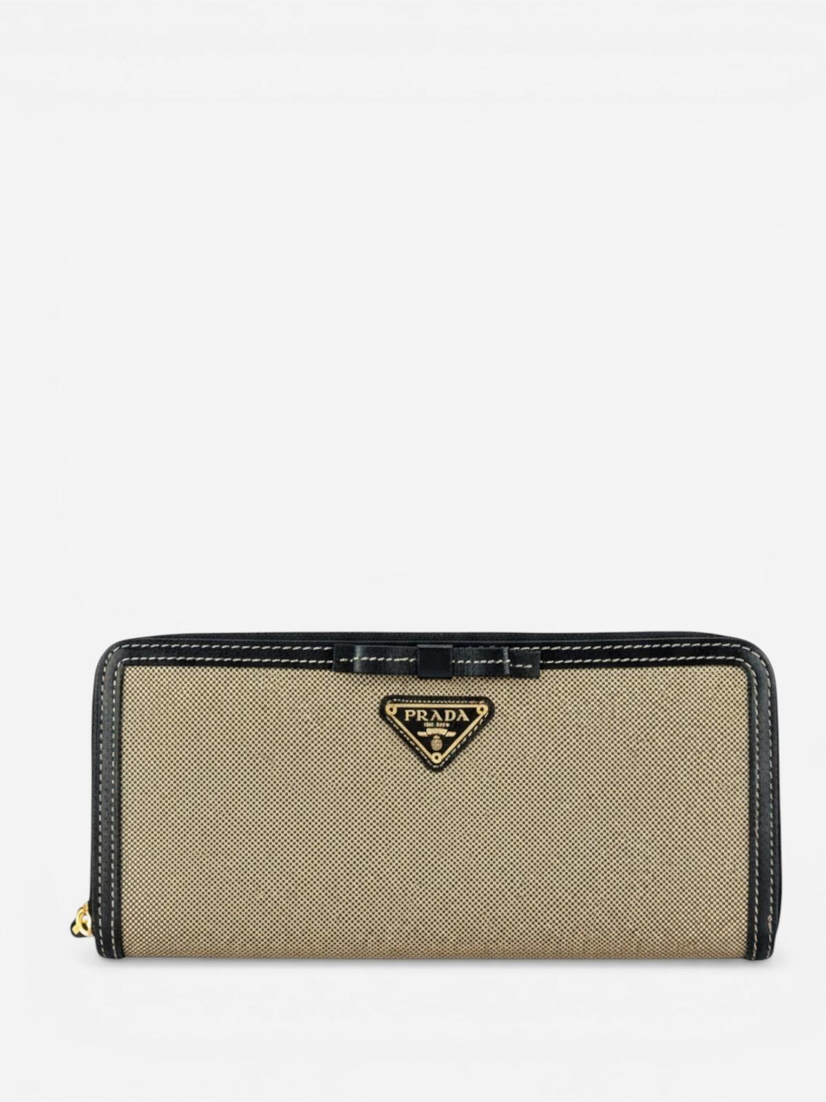 Prada Prada Logo Jacquard Canvas Leather Zip-Around Wallet Beige Black | NWT - Vestir